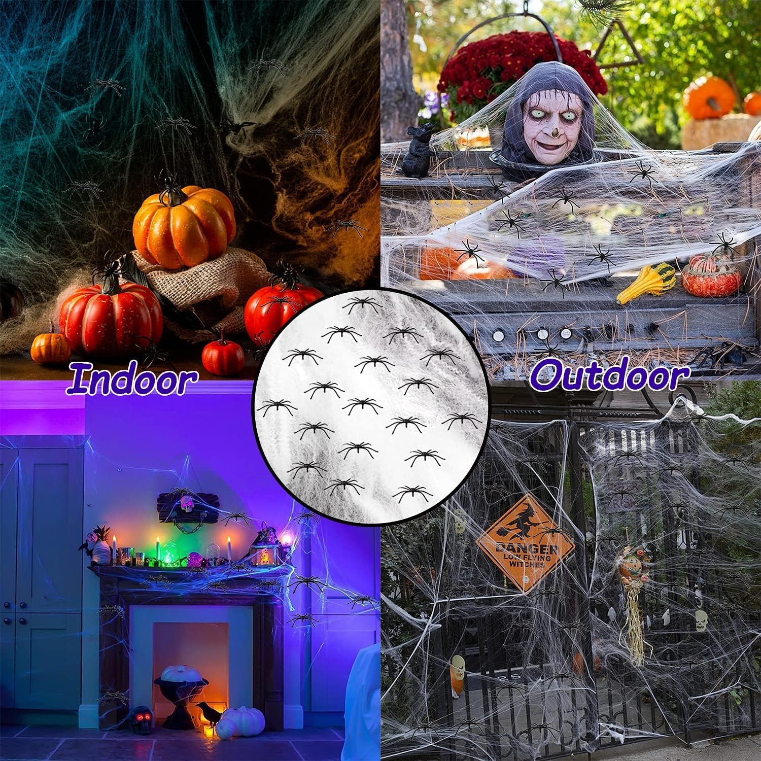 900 pies cuadrados de telarañas decorativas de Halloween, incluyendo 30 arañas negras falsas, 20 arañas luminosas y telarañas superestiradas (obtén
