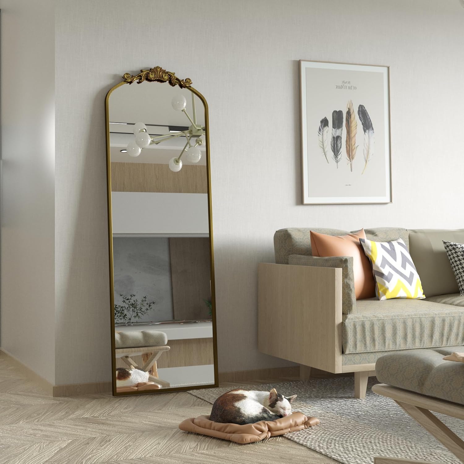 SMIROR Espejo de cuerpo entero con arco dorado de 72 x 32 pulgadas, de inspiración barroca, espejo vintage para pared, espejo de suelo adornado para