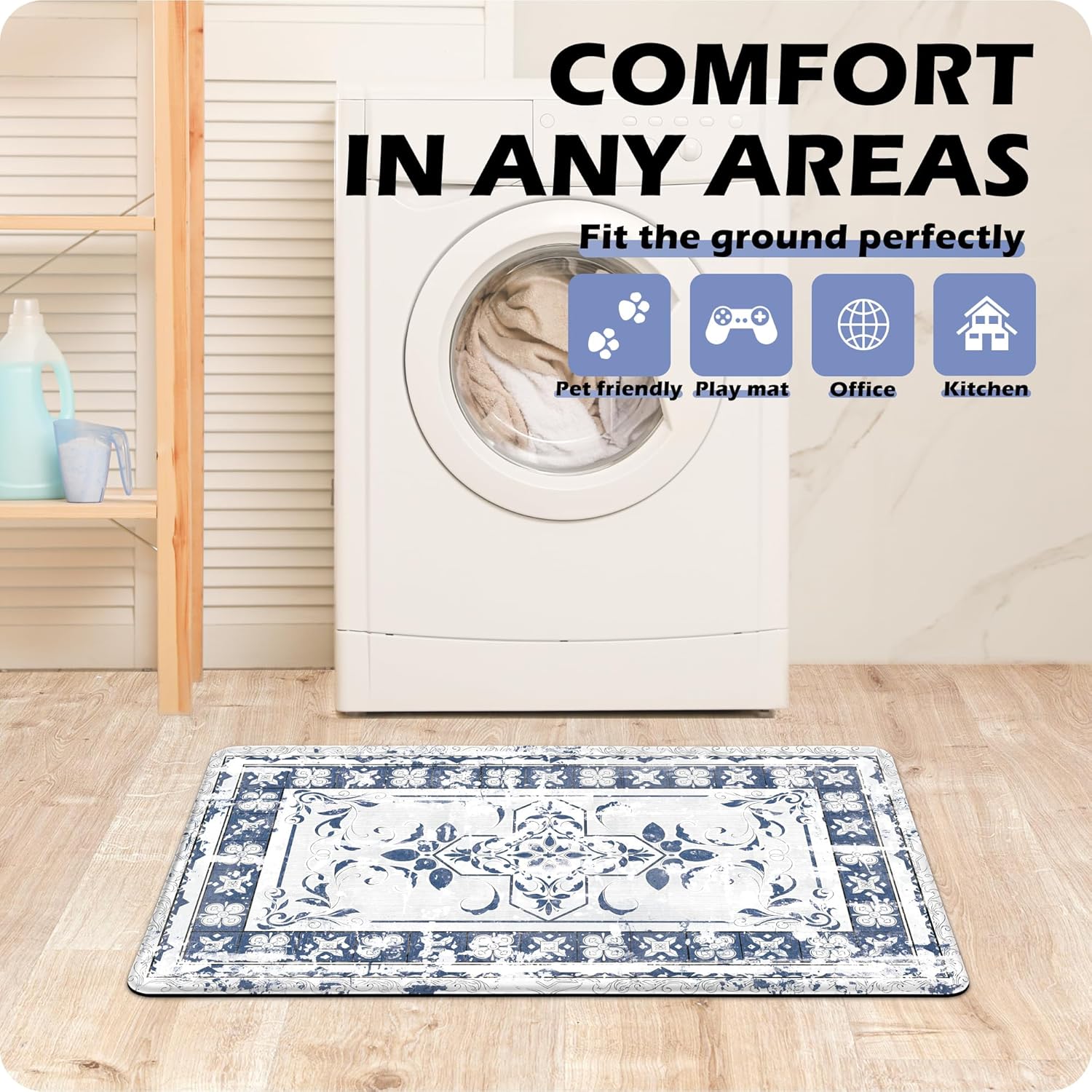 Alfombras de cocina de granja, acolchadas, antifatiga, para el suelo de la cocina, color azul, decoración y accesorios de cocina, antideslizantes,