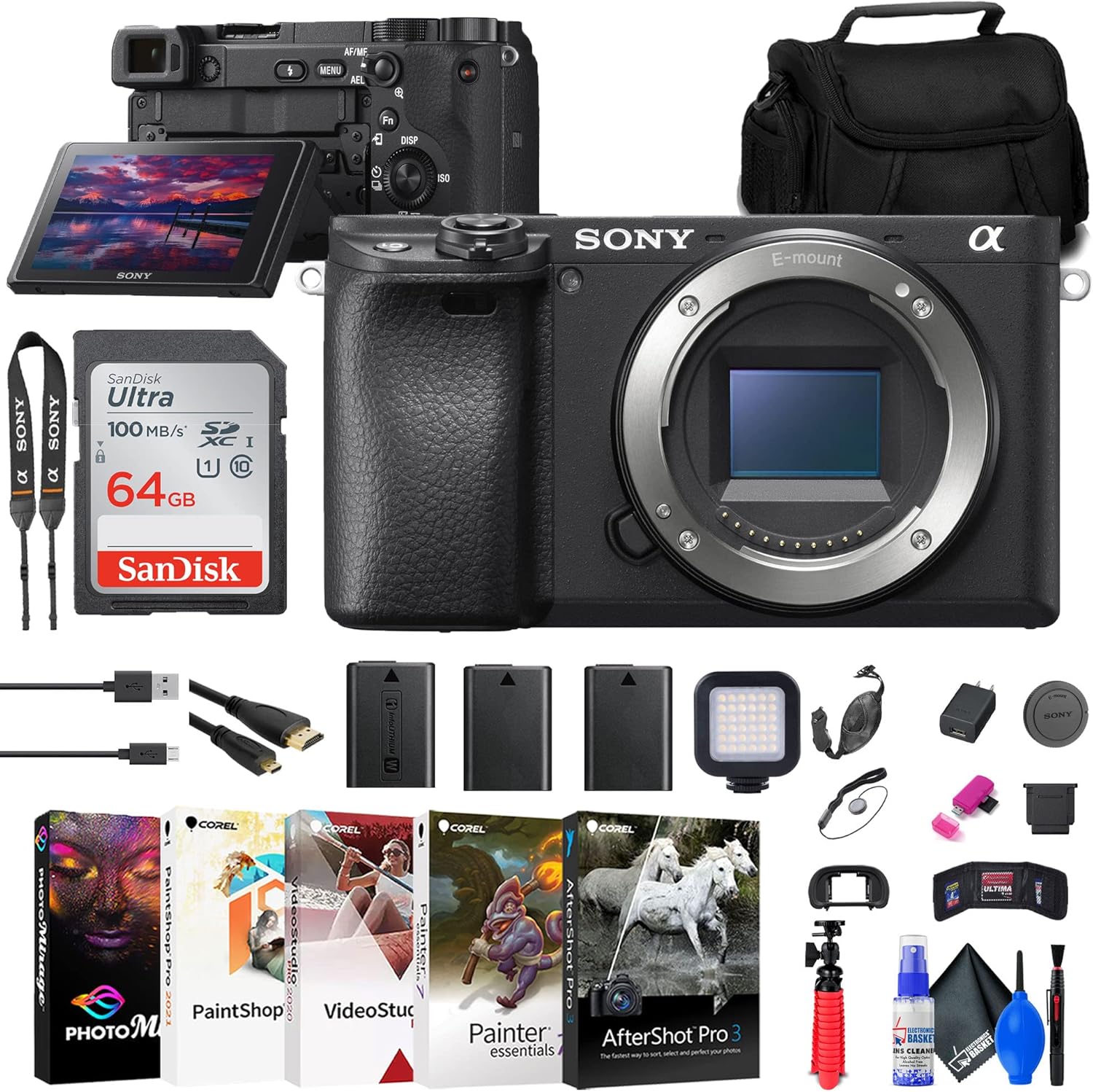 Sony Cámara sin espejo a6400 (ILCE-6400B) + tarjeta de 64 GB + 2 baterías NPF-W50 + lector de tarjetas + luz LED + software de fotos Corel + estuche