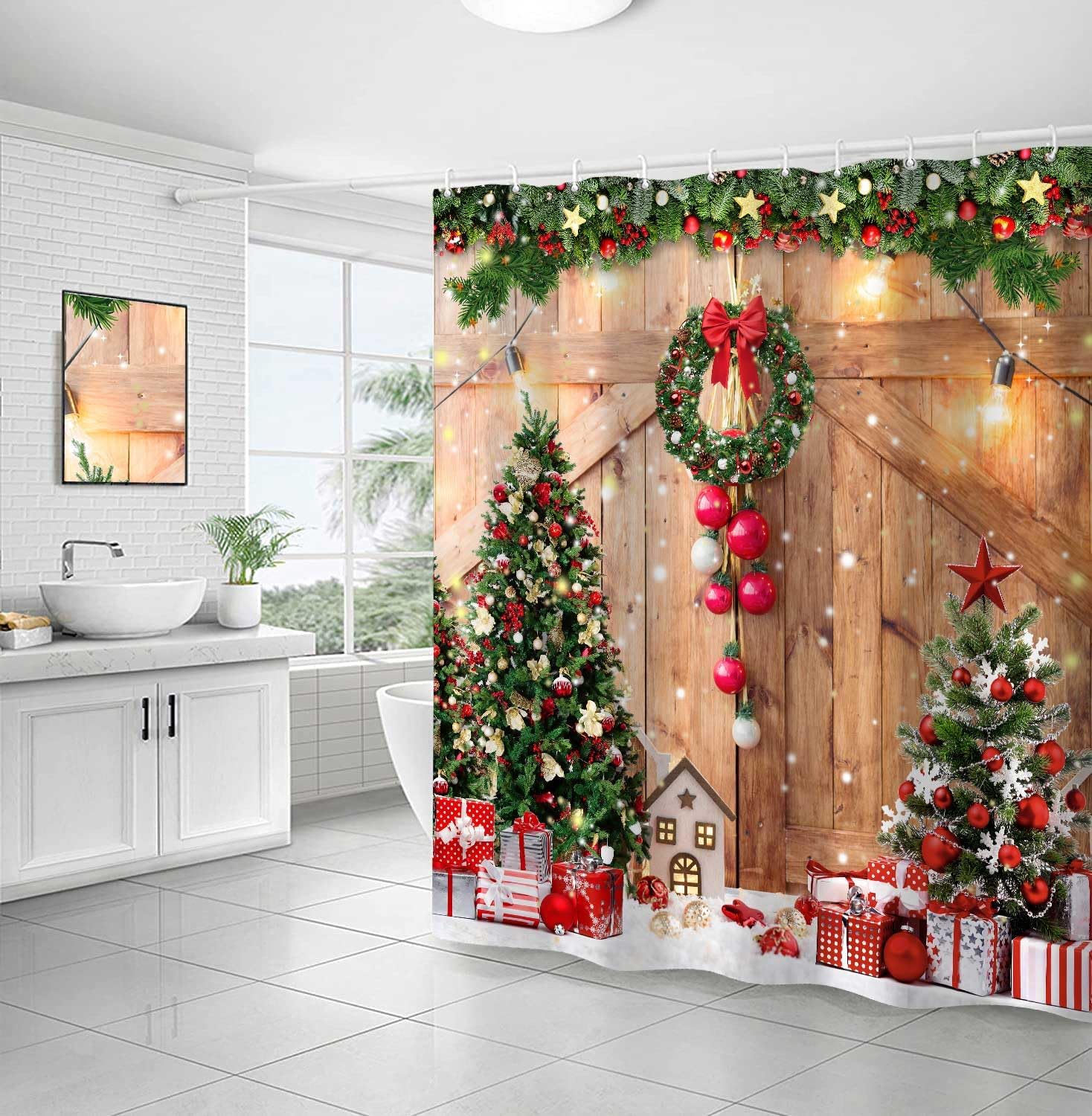 Hjokiupt Cortina de ducha de Navidad de granja, regalo de árbol de Navidad de invierno, decoración del hogar, puerta de granero de madera, cortinas