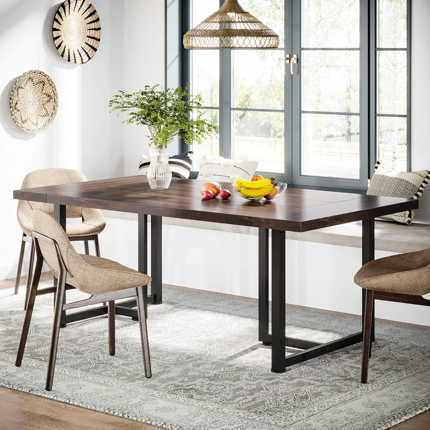Tribesigns Mesa de comedor para 6 personas, mesa de cocina de granja para comedor, mesa rectangular industrial con patas de acero, marco de metal,