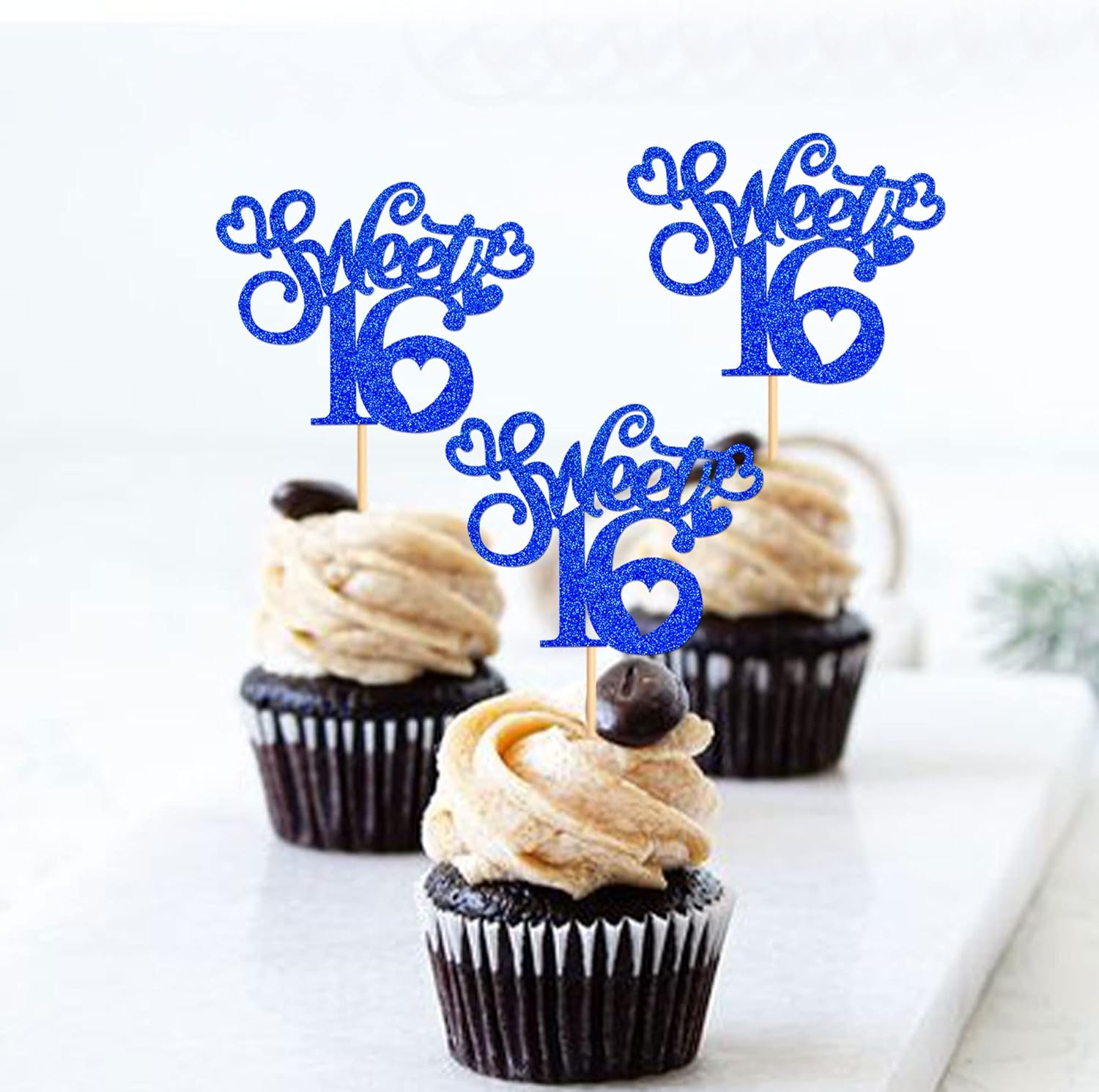 Ercadio Paquete de 24 adornos para magdalenas con 16 adornos azules con purpurina para 16 cupcakes para cumpleaños de 16 años, decoraciones para