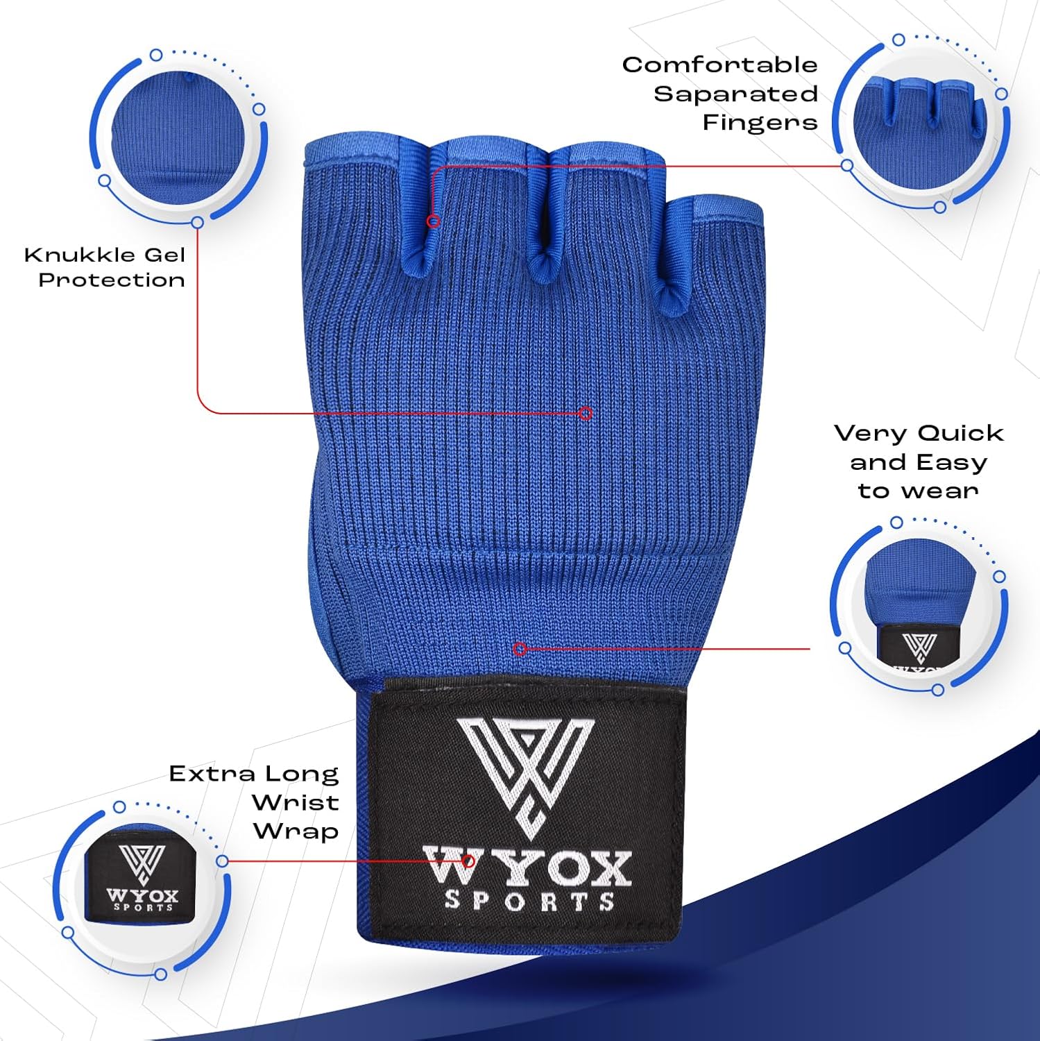 WYOX – Vendas elásticas de boxeo con nudillos acolchados de gel en el interior, para proteger los puños, para mujeres y hombres, muñequeras para