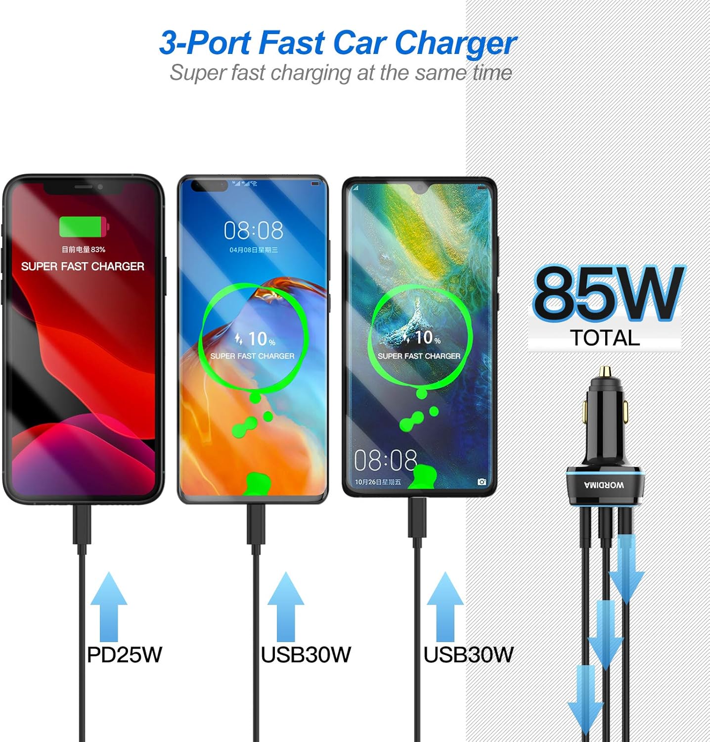 Cargador de coche USB C, cargador rápido WORDIMA de 85 W, 3 puertos, adaptador para encendedor de cigarrillos, compatible con iPhone 15, 14, 13, 12