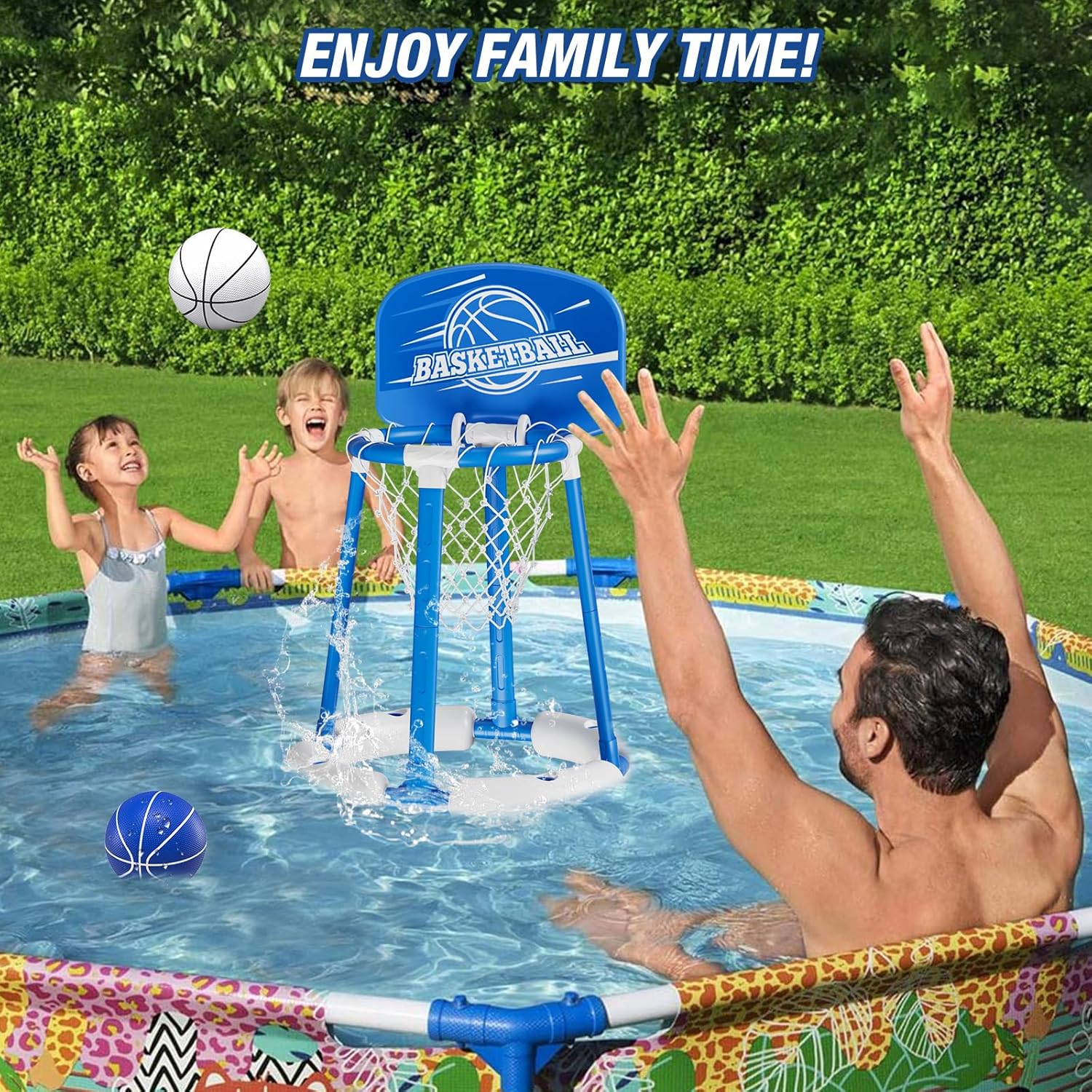 HYES Aro de baloncesto para piscina junto a la piscina con tablero, juguetes flotantes para piscina con 4 pelotas de baloncesto4 globos de