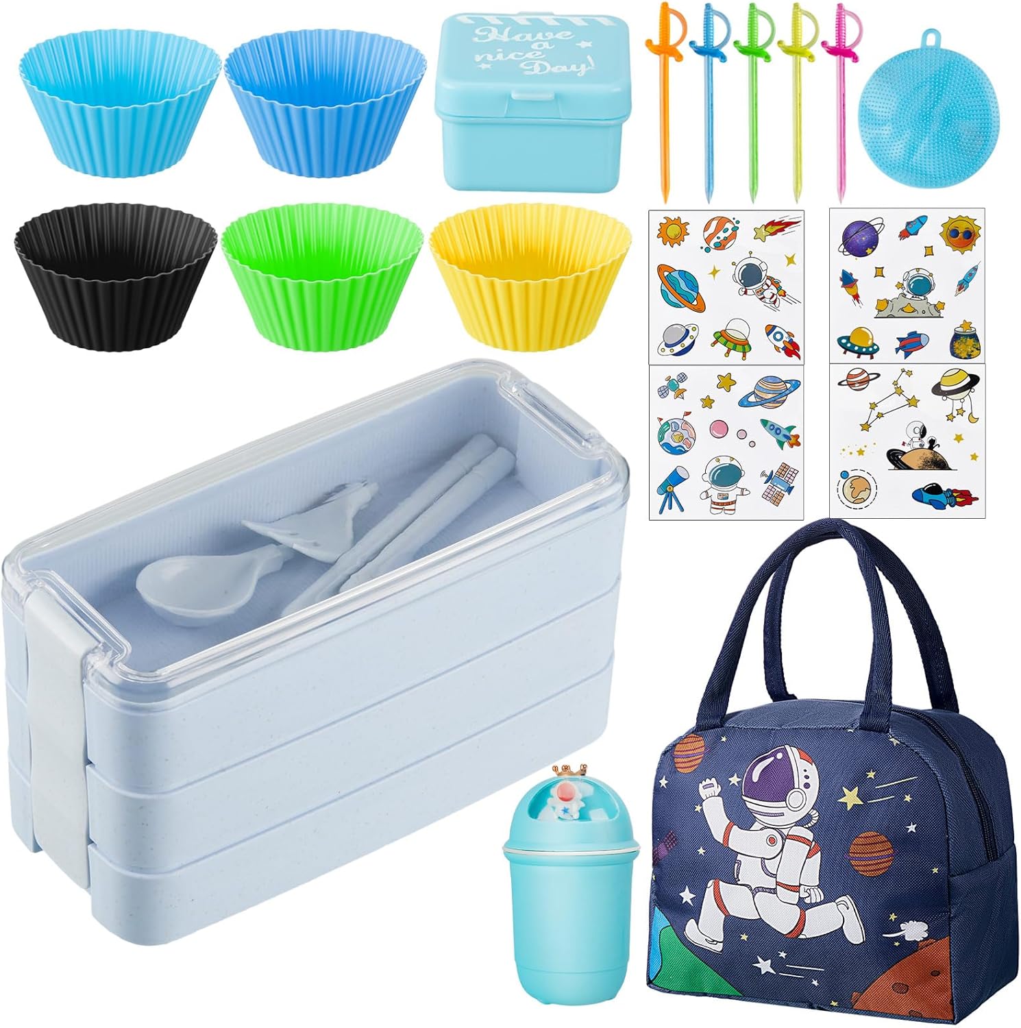 Juego de lonchera de astronauta, lonchera Bento azul, bolsa de almuerzo aislada, botella de agua, calcomanías, tazas gruesas de silicona para