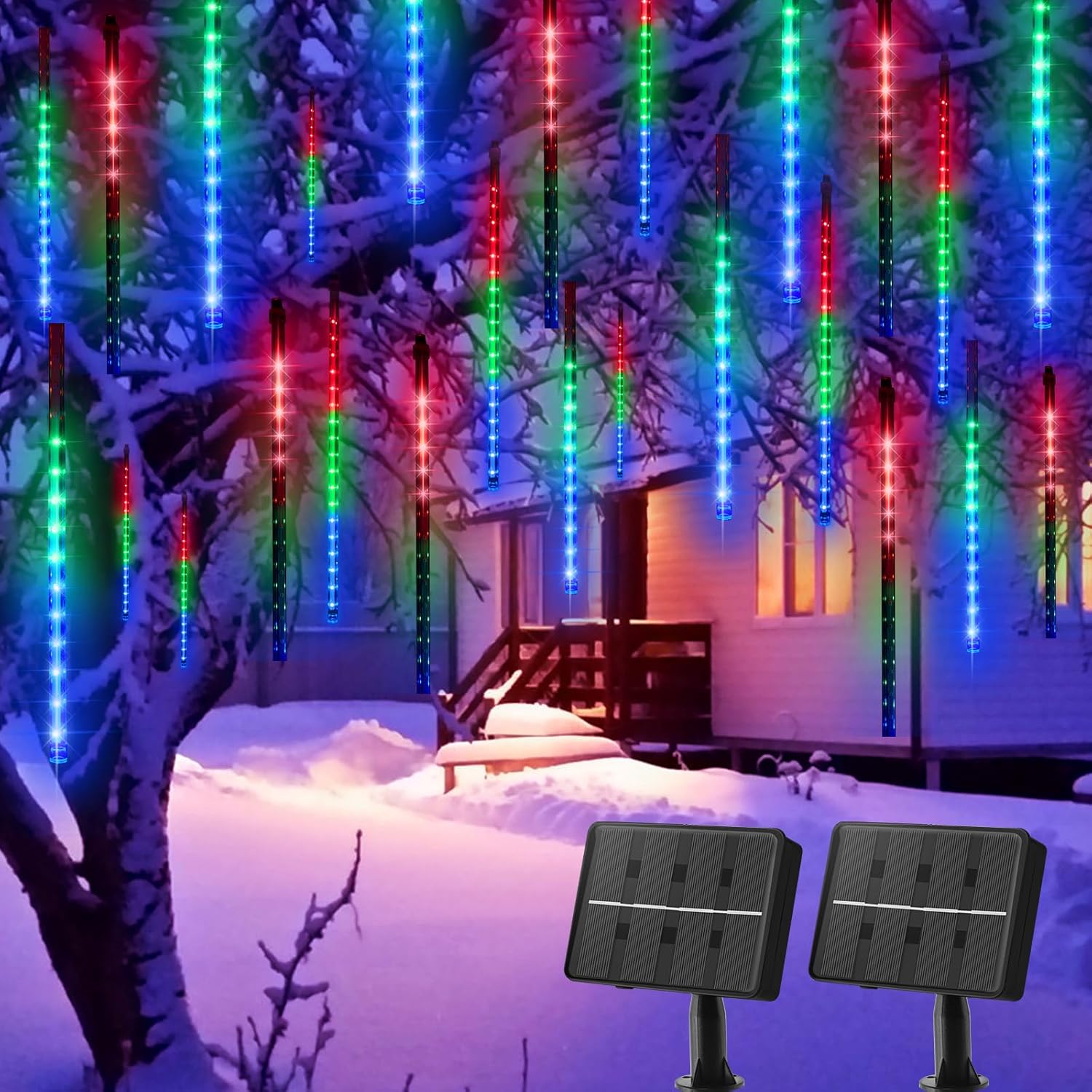 Minetom Paquete de 2 tiras de luces de Navidad para exteriores alimentadas por energía solar, luces de lluvia de meteoritos de 6 pulgadas, 10 tubos,