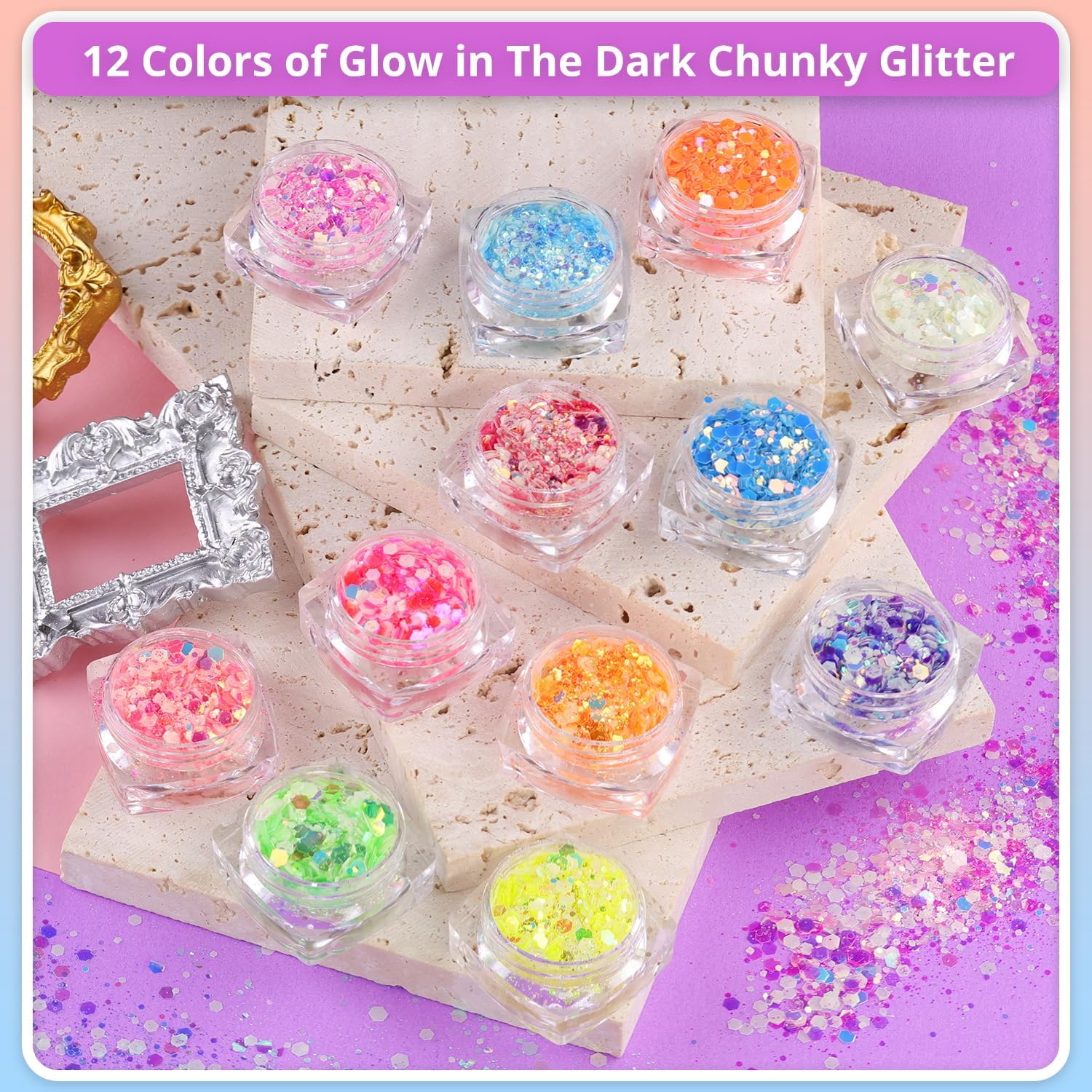 Juego de 12 colores que brillan en la oscuridad, purpurina holográfica brillante con pegamento de maquillaje para cuerpo, cara, ojos, cabello, uñas,