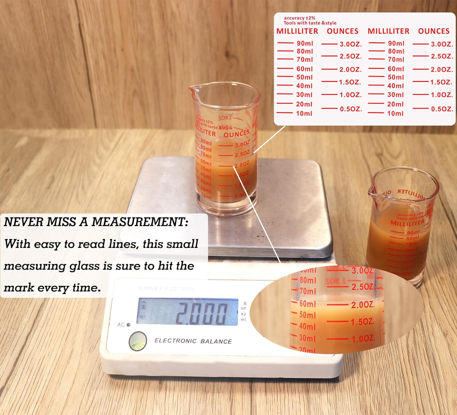 Vaso de medición de vidrio de chupito 3 onzas90ML líquido pesado alto taza de vidrio espresso línea roja