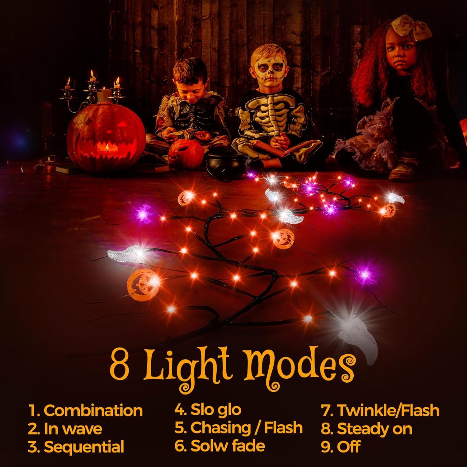 Luces de Halloween naranjas y moradas, guirnalda de Halloween de ramita de sauce de 6 pies, 54 LED con calabazas, murciélagos y luces fantasma, 8