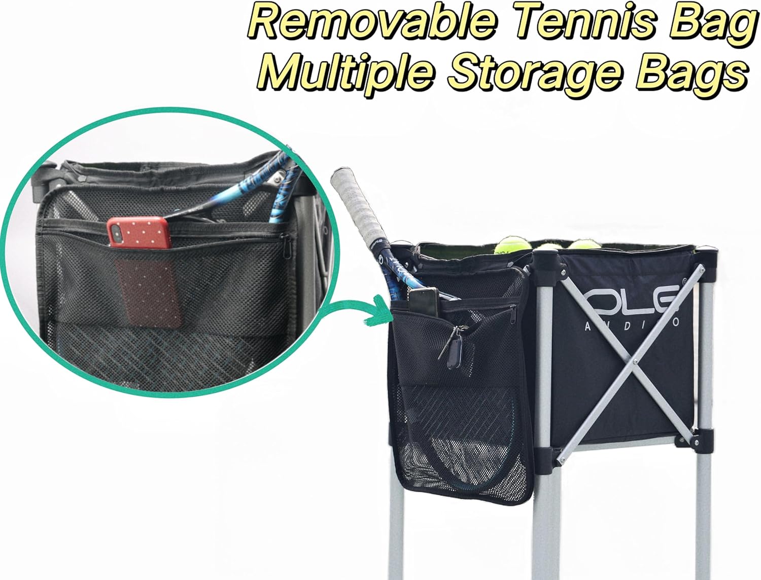 Pelotas de tenis tolva cesta de pelota de tenis con bolsillos laterales, carrito de pelota de tenis ligero con capacidad para 160 bolas, carrito