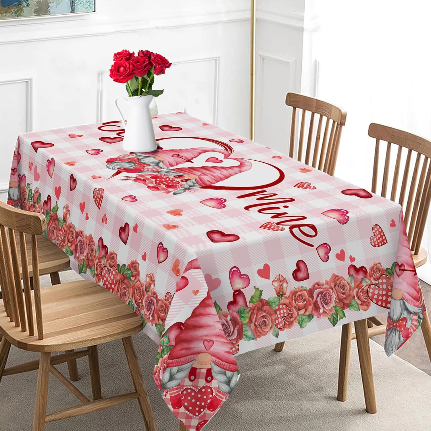 Mantel redondo de San Valentín, mantel redondo de 52 pulgadas, diseño de gnomos de San Valentín con corazones y rosas de amor a cuadros, decoración