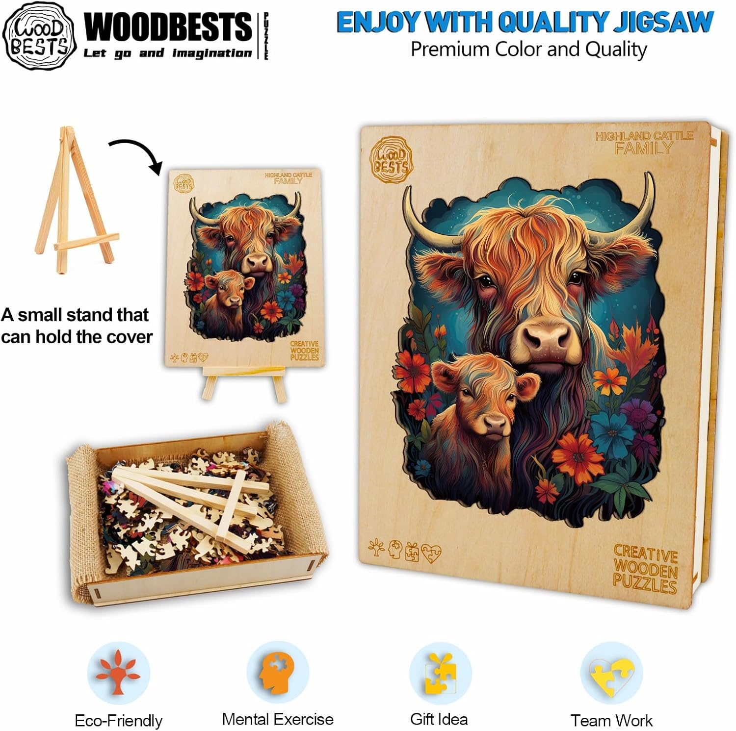 WOODBESTS Rompecabezas de madera para adultos, rompecabezas familiar de ganado de las tierras altas (L, 280 piezas, 10.7 x 13.3 pulgadas), hermosa