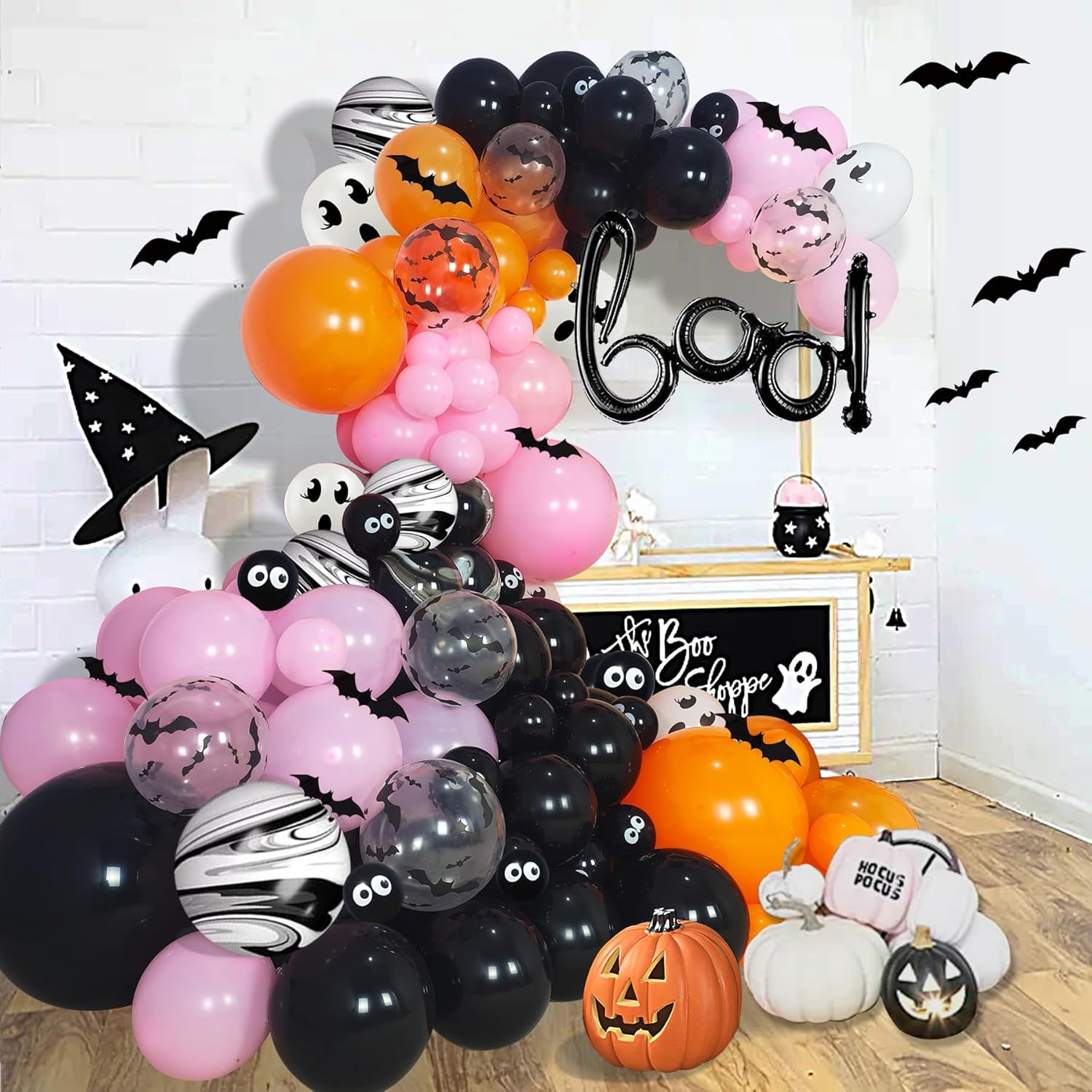 Kit de arco de guirnalda de globos de Halloween negro y rosa, decoraciones de Halloween rosas para niñas, guirnalda de globos de Halloween de gran
