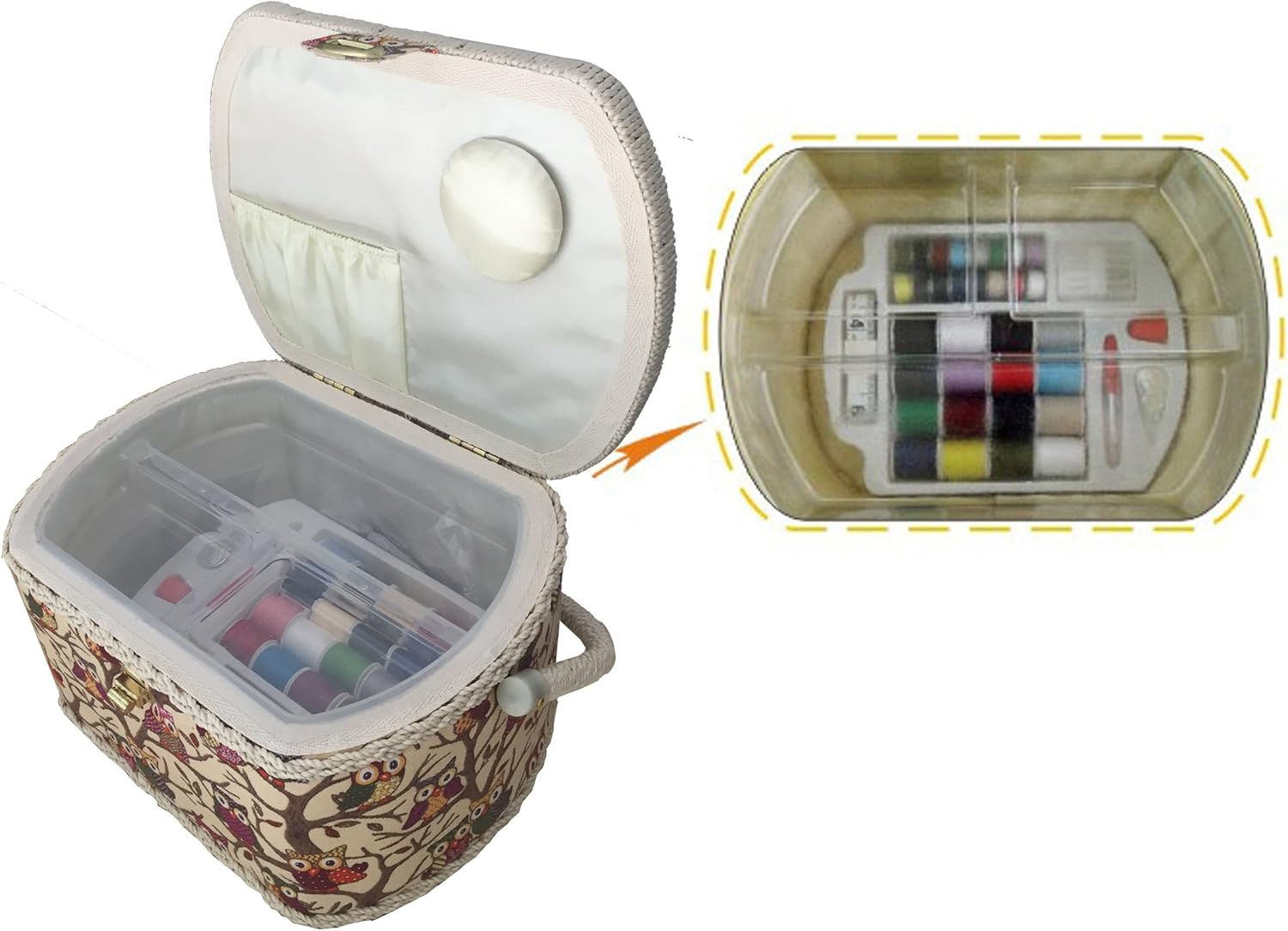 Michley Cesta de coser grande con diseño de búho y kit de costura de 41 piezas, 10.5 x 8 x 6.7 pulgadas