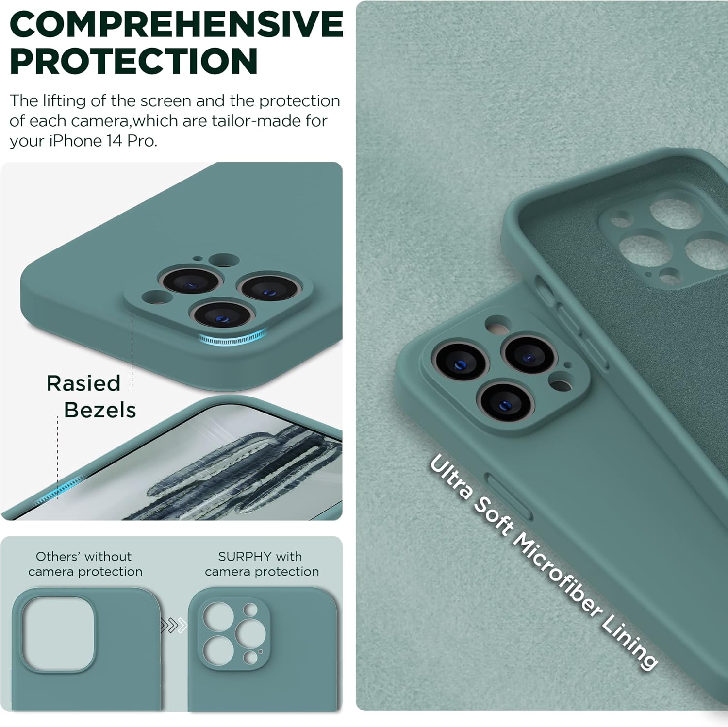 SURPHY Funda diseñada para iPhone 14 Pro con protector de pantalla, (protección de cámara y forro de microfibra suave), funda de silicona líquida,