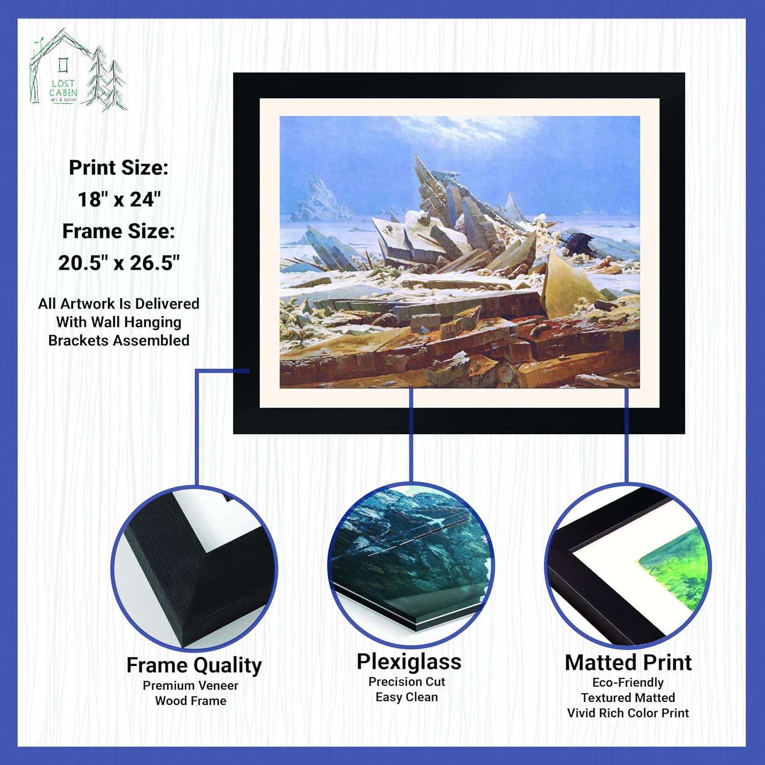 Caspar David Friedrich – Cabaña perdida El mar de hielo  Impresión enmarañada en marco plano negro  Reproducción de pinturas de obras de arte finas