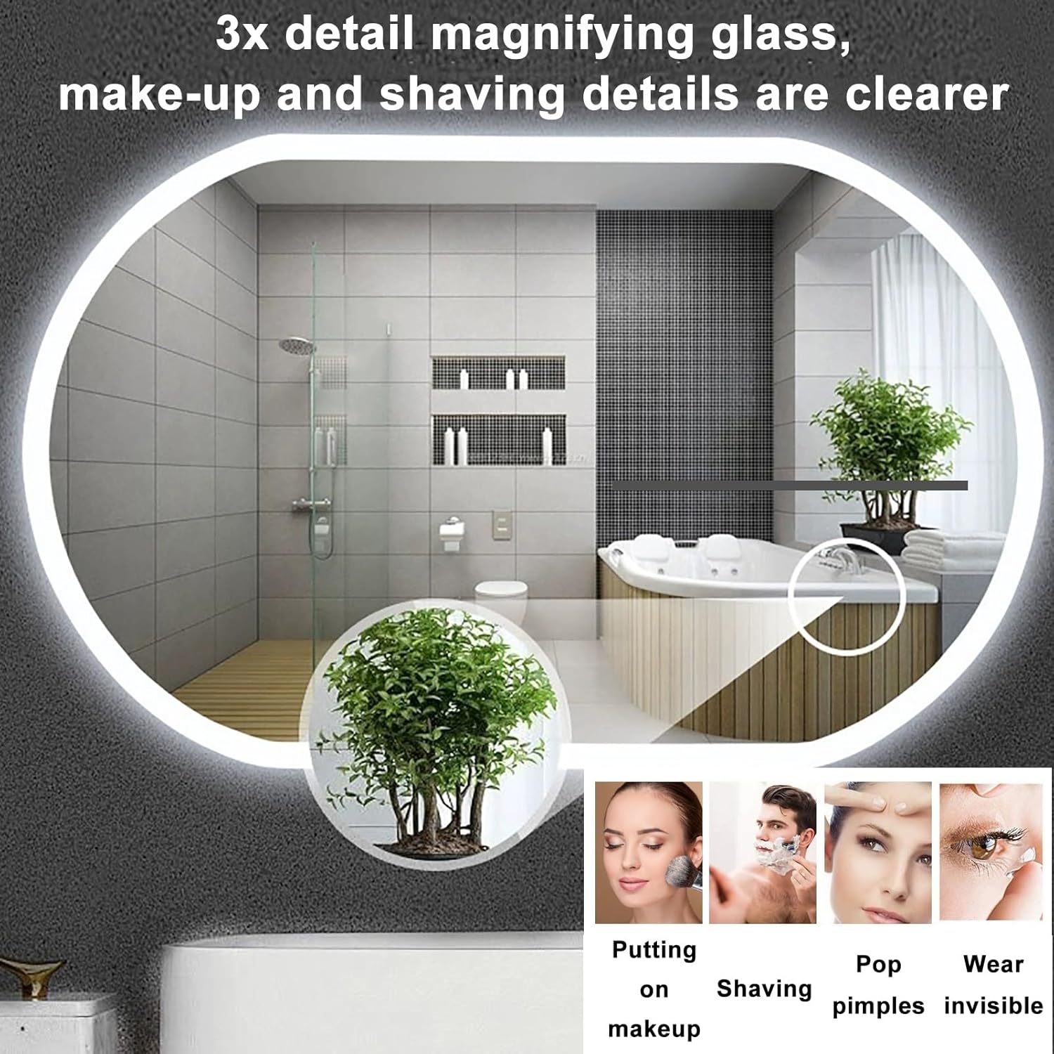 Espejo con luz LED para baño, espejo grande enmarcado sin escalones, regulable, iluminado para montar en la pared, espejo rectangular redondeado