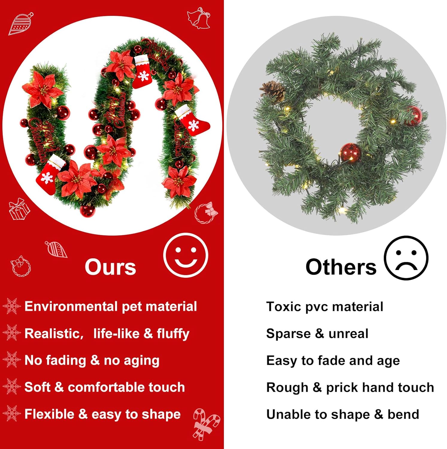 Juego de guirnaldas artificiales de Navidad de 300 pies con luces LED, adornos de bolas, guirnalda de Navidad, accesorios de decoración de