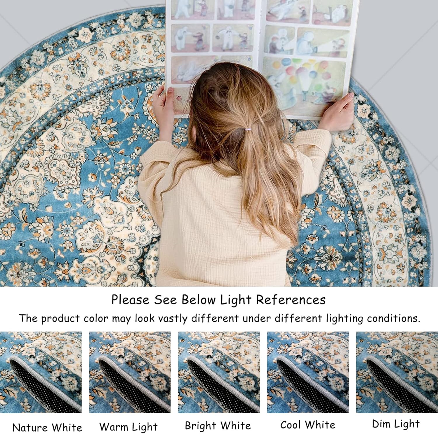 Lahome Alfombra redonda de medallón floral oriental, alfombra redonda pequeña azul de 3 pies, suave, antideslizante, lavable, alfombra de baño,