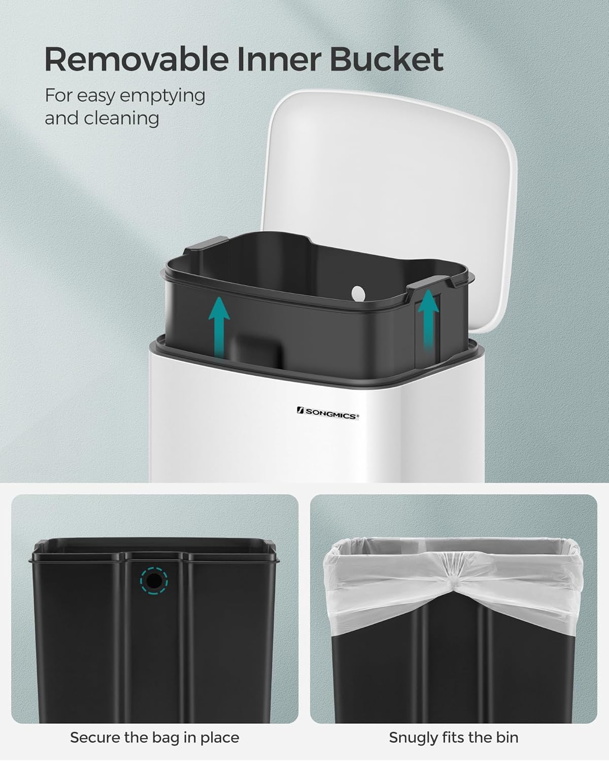 SONGMICS Bote de basura de 8 galones (30L) con tapa y cubo interior, cubo de basura de acero inoxidable, cierre suave, blanco ULTB01W30