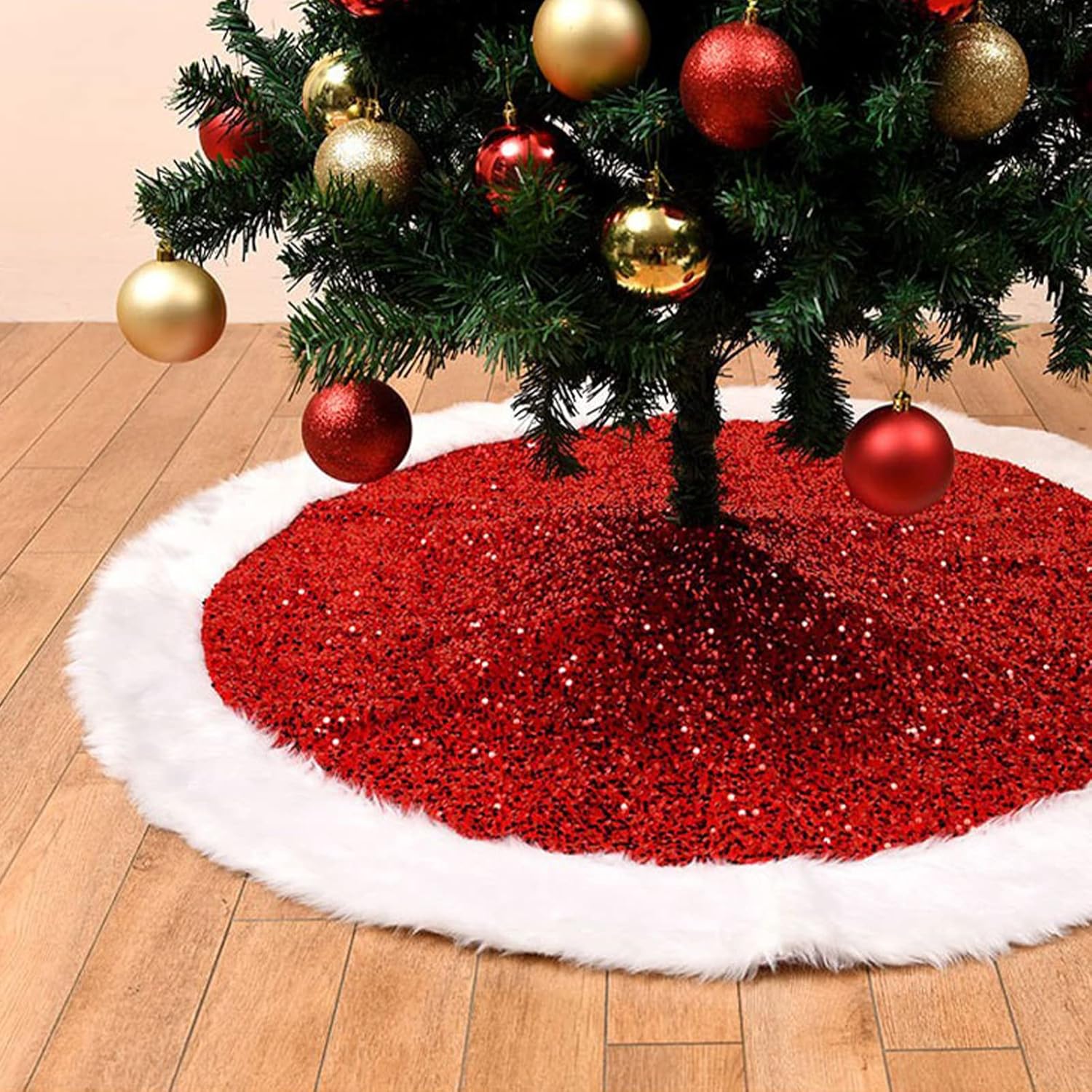 Falda de árbol de Navidad roja de 48 pulgadas, falda de árbol de Navidad grande de piel sintética con lentejuelas, falda de árbol de Navidad de