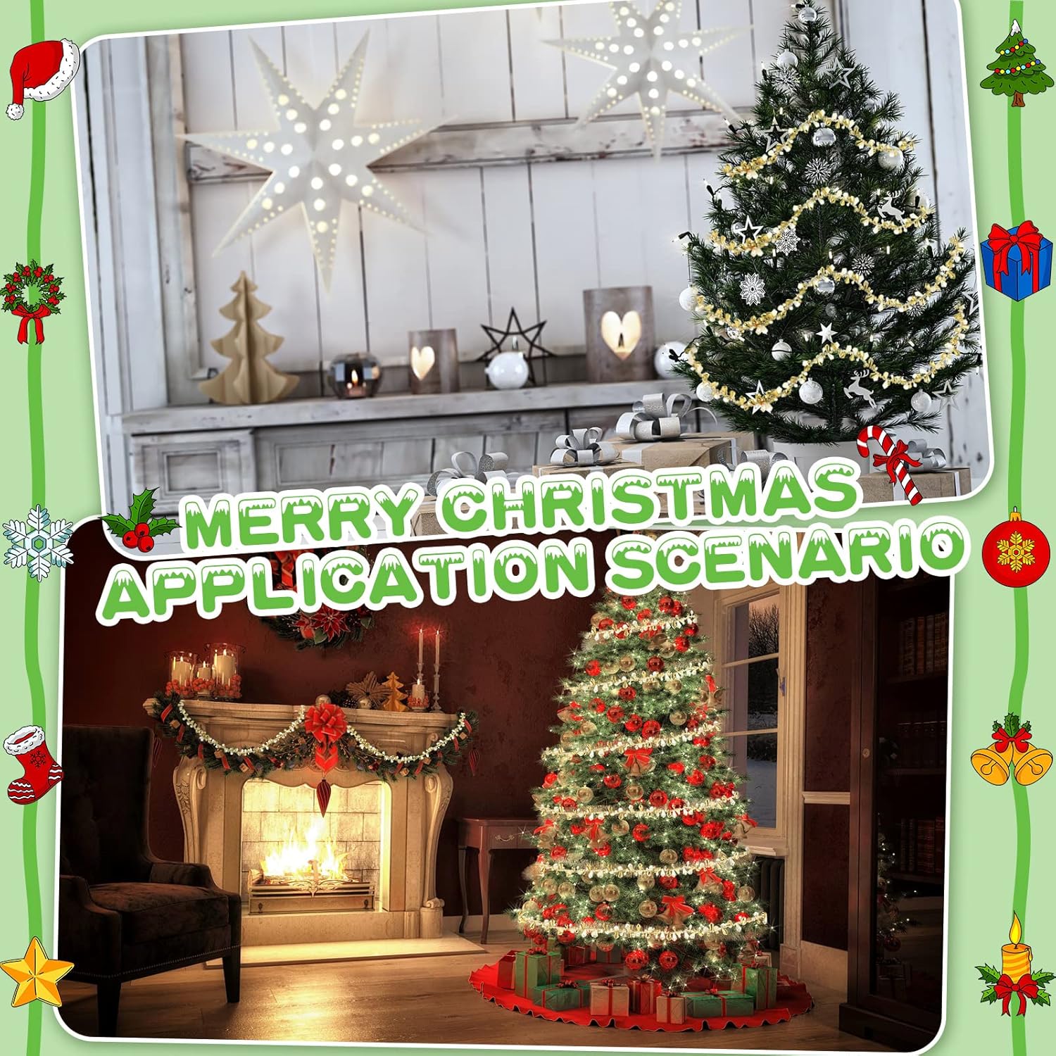 Guirnalda de cuentas de Navidad transparente iridiscente y dorada, cadena grande para árbol de Navidad, guirnalda de cuentas colgantes para