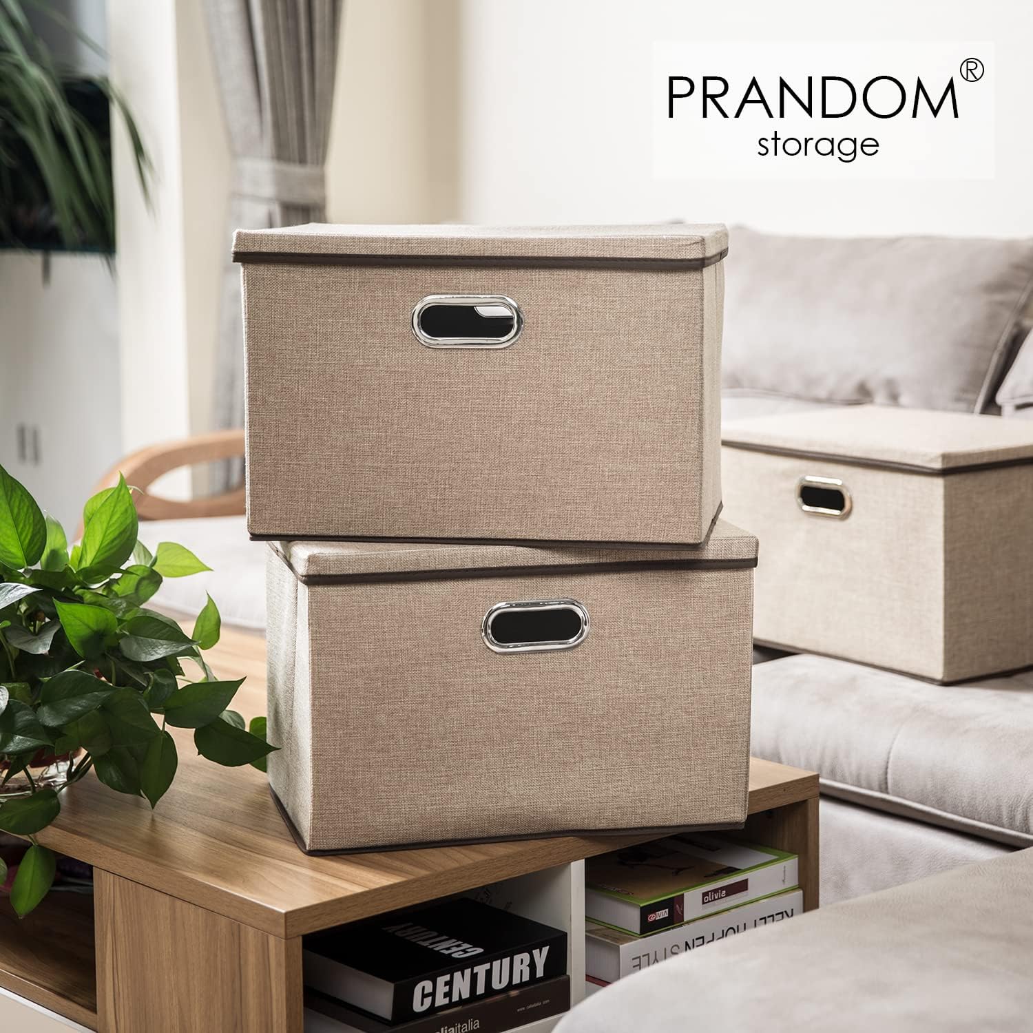 PRANDOM Contenedores plegables extra grandes con tapas paquete de 3 cestas de almacenamiento plegables de tela de lino, cajas organizadoras con