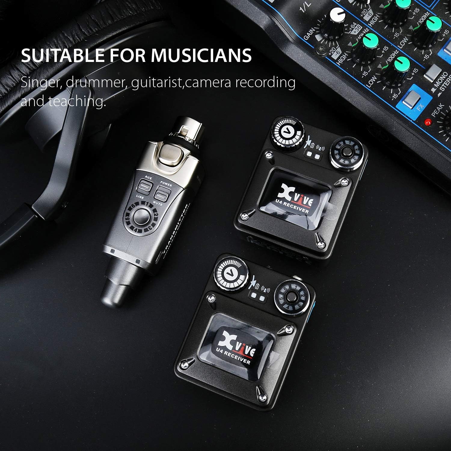 Xvive U4R2 Sistema de monitor inalámbrico intrauditivo transmisor y 2 receptores personales IEM para estudio, ensayo de banda, actuación en vivo
