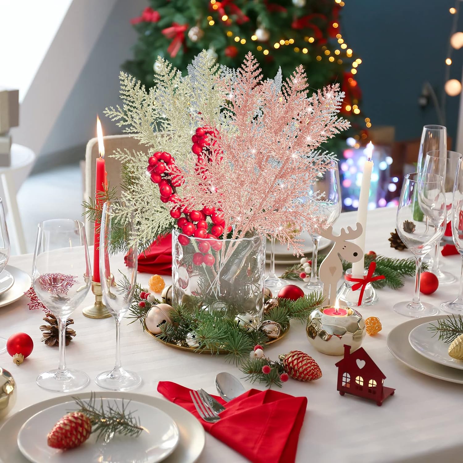 Waydress 72 agujas de pino artificiales de Navidad, ramas con purpurina, hojas pequeñas, ramas de pino de Navidad, flores falsas, para arreglos