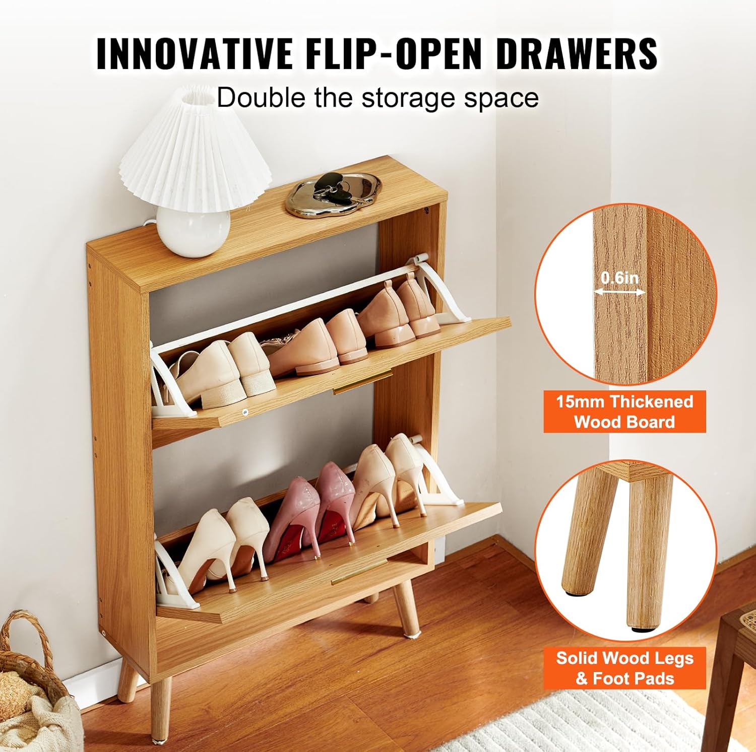 VEVOR Shoe Storage Cabinet for Entryway, 23.6″ D x 6.6″ W x 34.5″ H, Wood Color