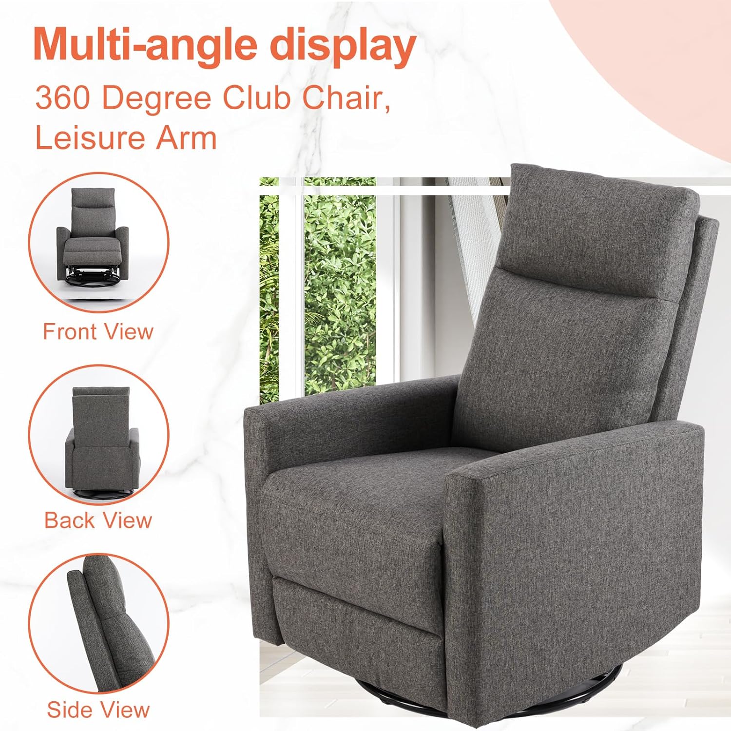 Mecedora giratoria reclinable, mecedora manual mecedora para guardería, sofá reclinable tapizado de lino con respaldo alto, asiento profundo y