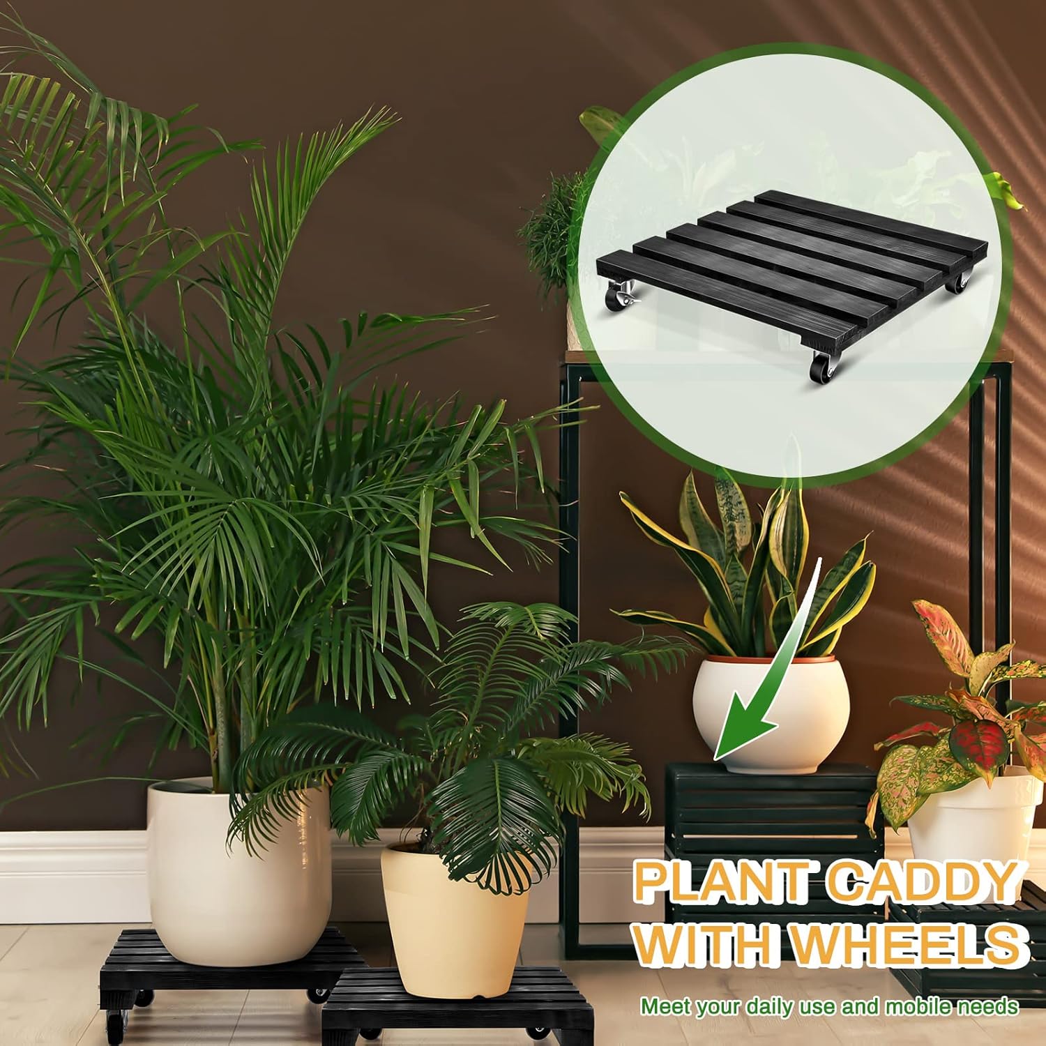 Taiyin Paquete de 4 soportes para plantas de 14 pulgadas con ruedas bloqueables, soporte rodante resistente para plantas de 220 libras, base de