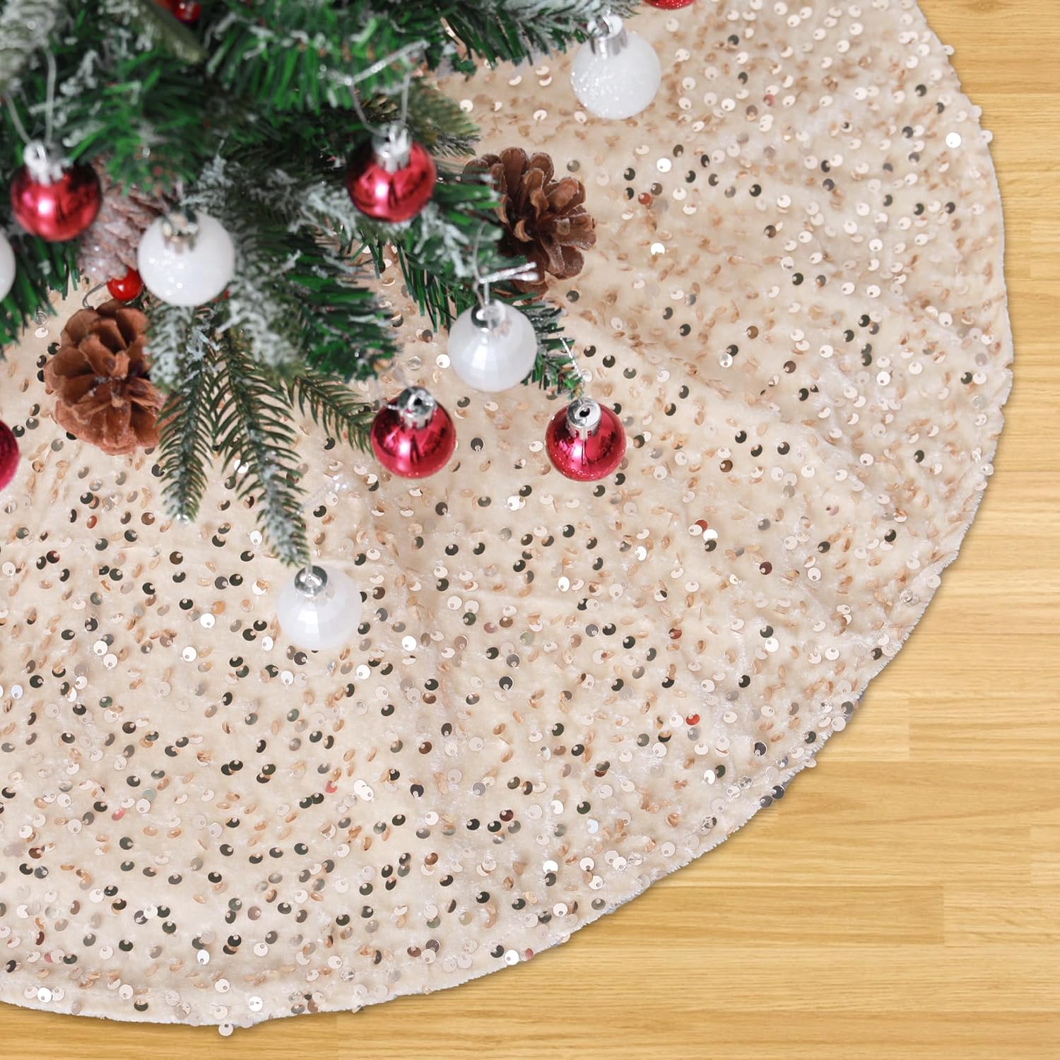 Faldón de árbol de Navidad dorado champán de 36 pulgadas, decoración de Navidad, falda redonda de terciopelo con lentejuelas para árbol pequeño para