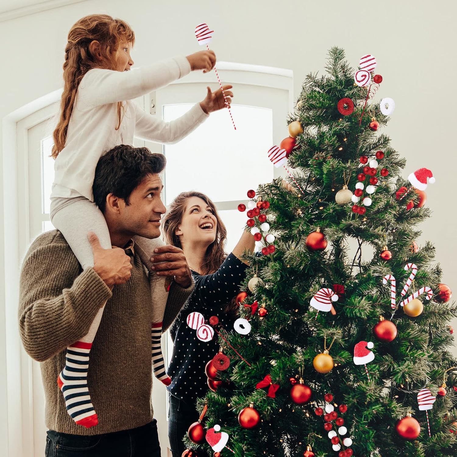 6 púas de adornos de Navidad, decoraciones de árbol de Navidad, guantes de sombrero de Papá Noel, bolas de bayas en palos para árbol de Navidad,