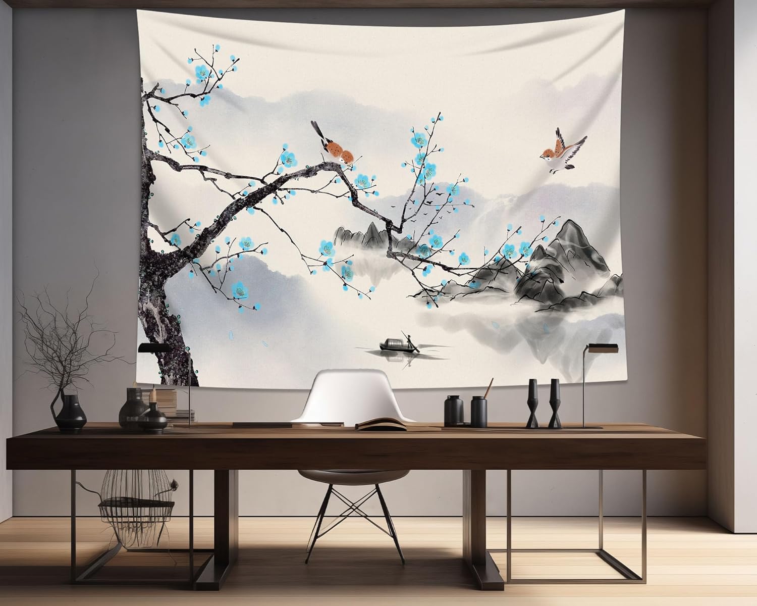 QGHOT Tapiz japonés asiático para hombre, tapiz de acuarela para colgar en la pared, tapiz calmante de pared, tapiz de paisaje de montaña, tapiz de