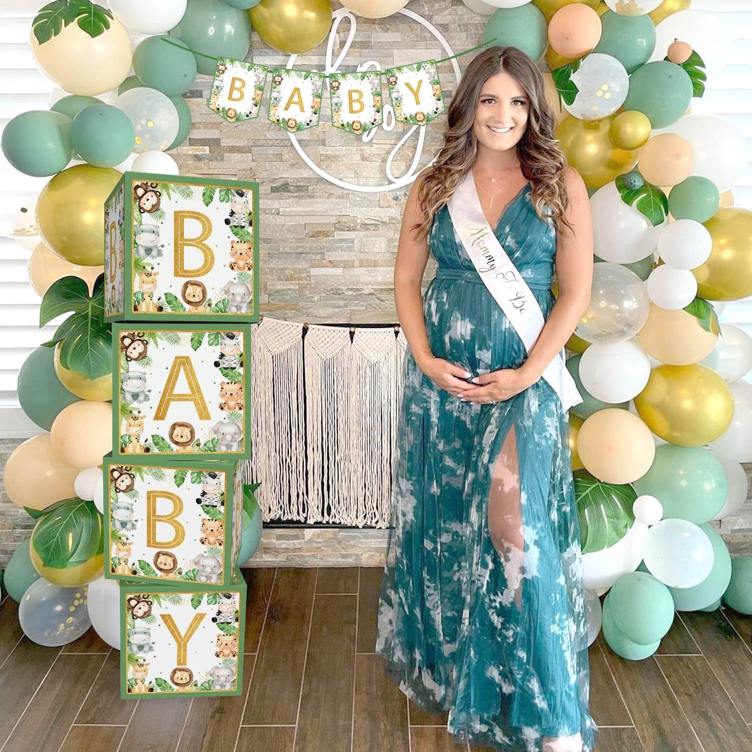 Safari Jungle – Decoraciones para baby shower, cajas de bebé con letras, 4 piezas de animales verdes grandes para niños, cajas de baby shower,