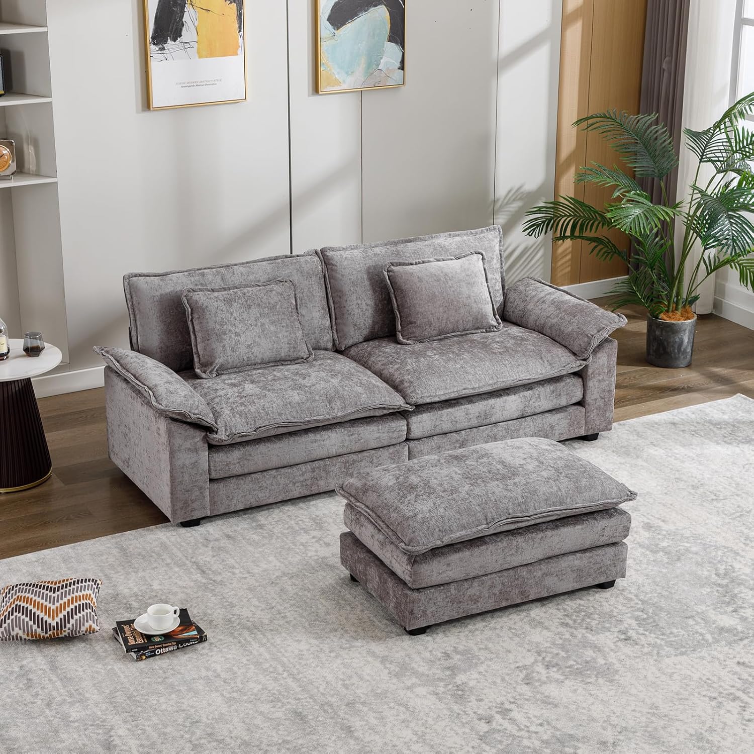 Cómodo sofá modular de felpilla de 85.4 pulgadas, cómodo sofá modular en forma de L para sala de estar, dormitorio, apartamento, oficina (gris claro)