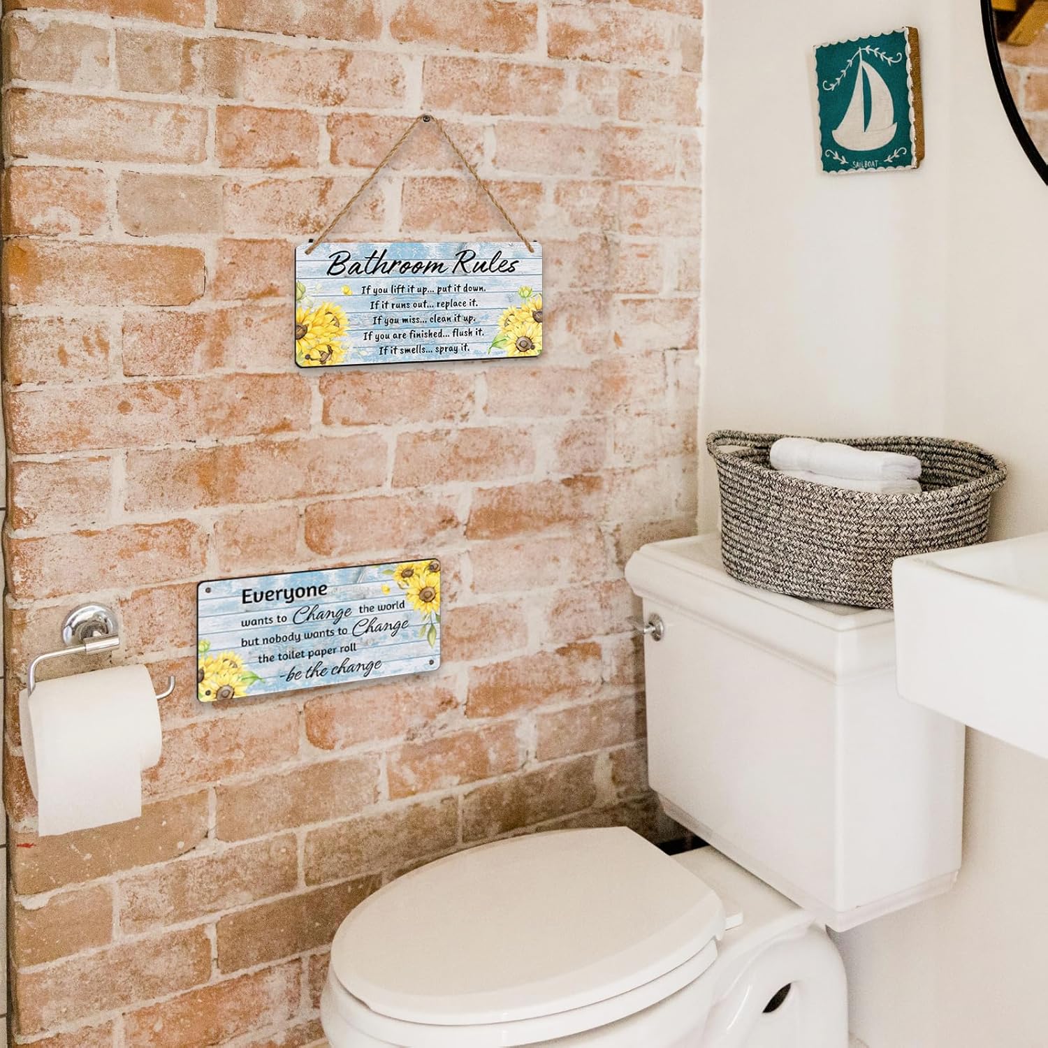 2 piezas de reglas de baño, decoración de pared divertidos de girasol, decoración de baño, decoración de playa, granja, decoración de baño de madera