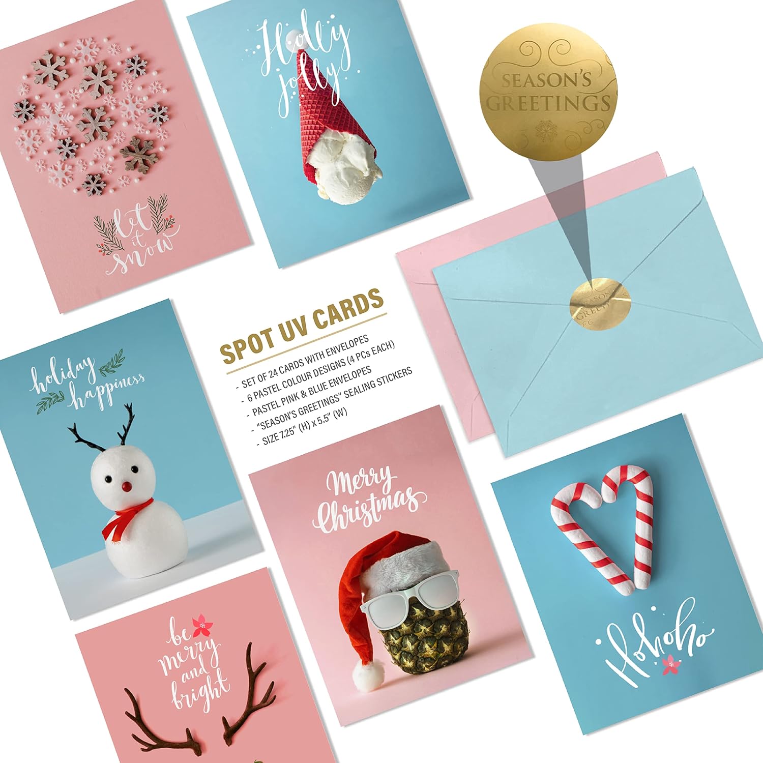 240 tarjetas de felicitación de Navidad con sobres, 6 diseños surtidos de 4 unidades con puntos UV de alto brillo, tarjetas de Navidad de 7.25 x 5.5