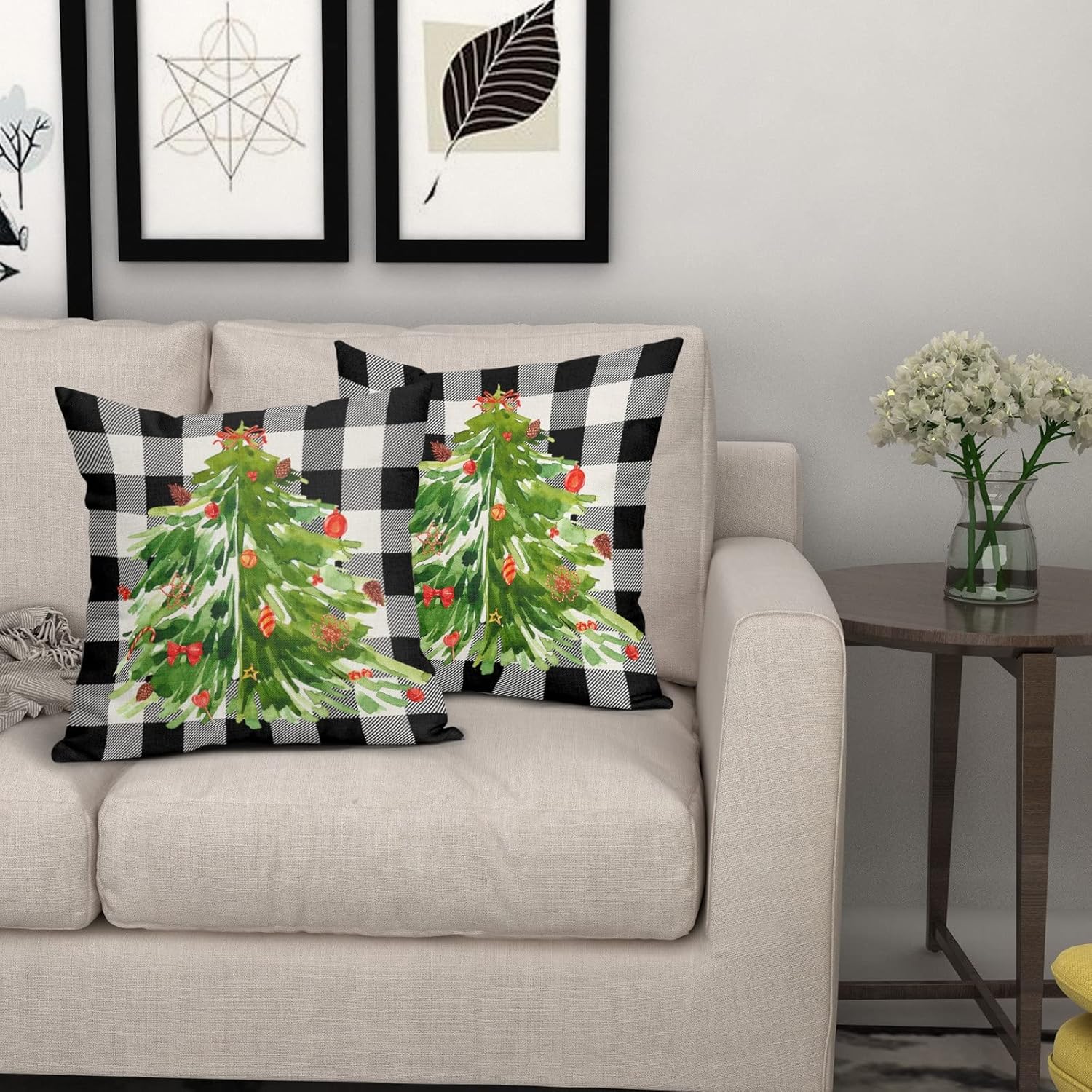 Kawani Juego de 2 fundas de almohada decorativas con diseño de árbol de Navidad en acuarela de 18 x 18 pulgadas, fundas de almohada decorativas de