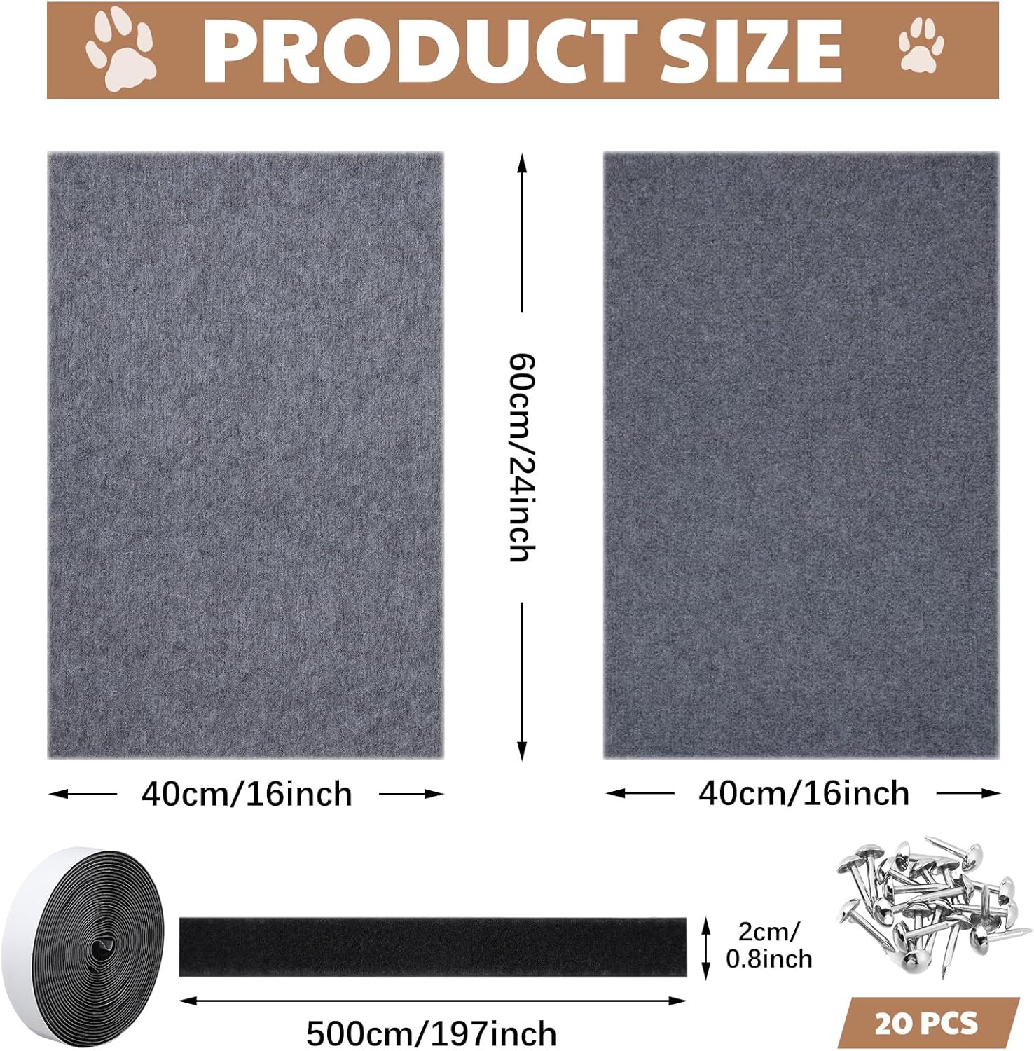 2 alfombrillas rascadoras para gatos de 24 x 16 pulgadas, alfombrilla rascador de gato horizontal con cinta adhesiva y 20 clavos de metal para