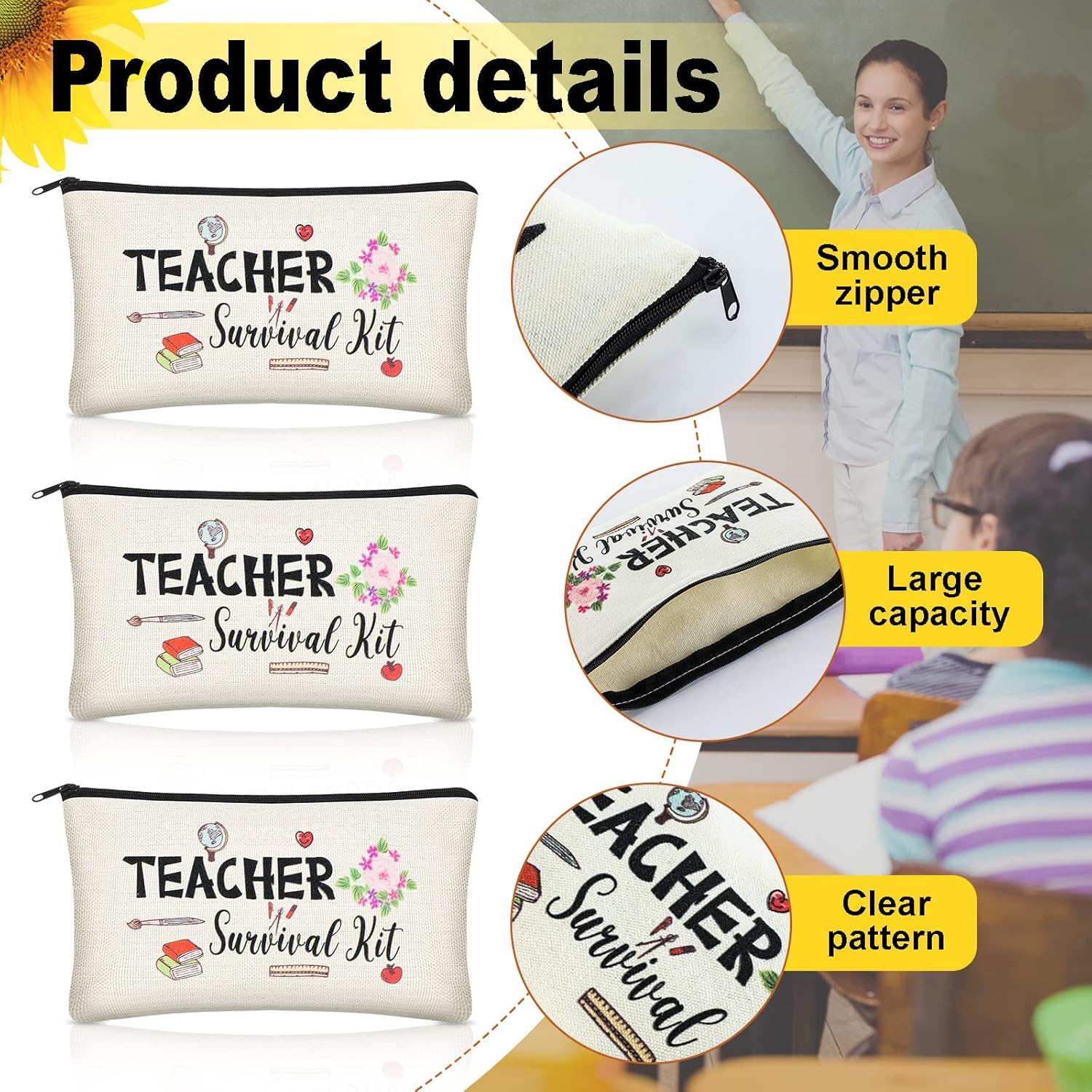 9 piezas de regalos de agradecimiento para profesores, regalos de Navidad, 3 calcetines para profesores, 3 bolsas de maquillaje, 3 llaveros para