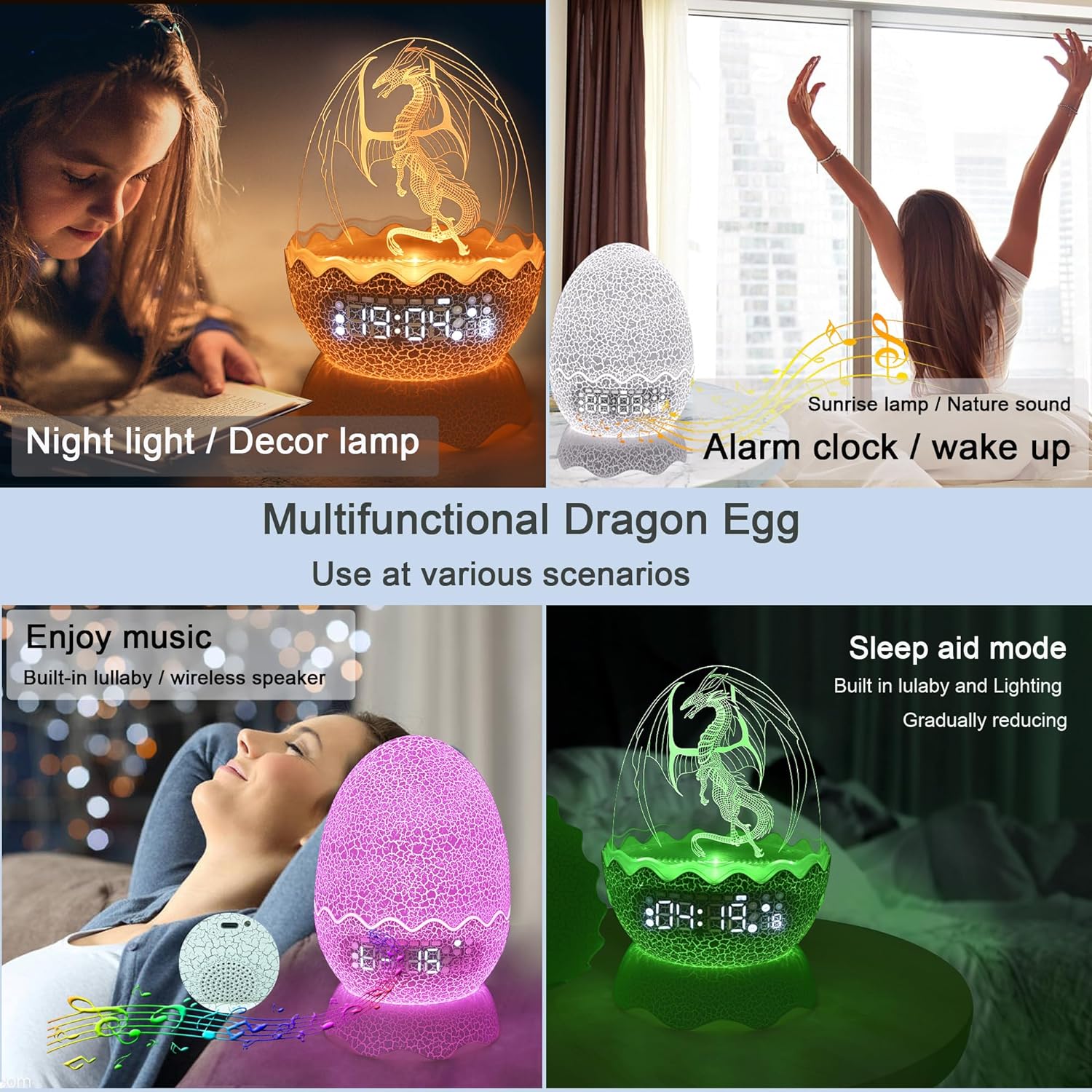 Unique Dragon Egg Alarm ClockNight LightLullaby White NoiseBluetooth Speaker 4-in-1, Remote Control 16 Colors & Brightness & Volume, for KidsAdult