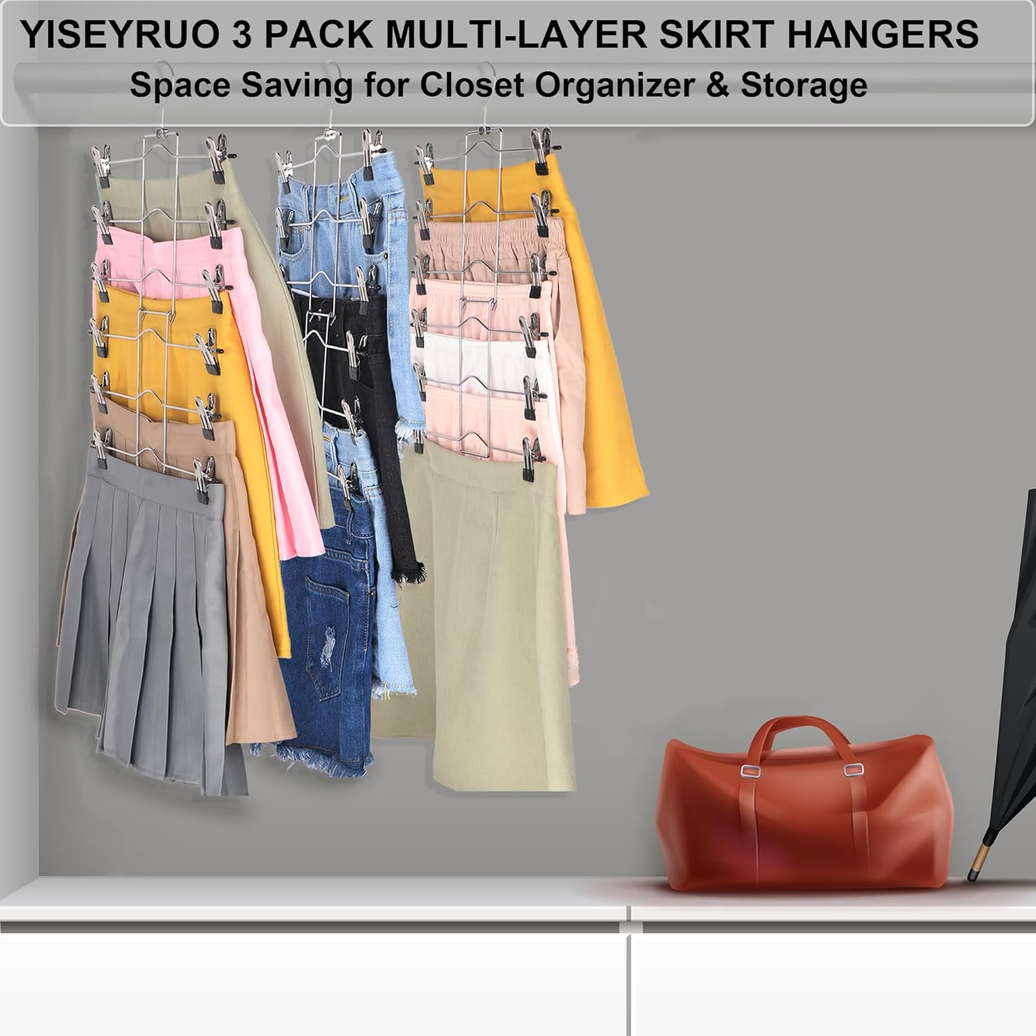 Paquete de 3 perchas para pantalones que ahorran espacio, organizadores de armario de 6 niveles y perchas de almacenamiento para faldas con clips