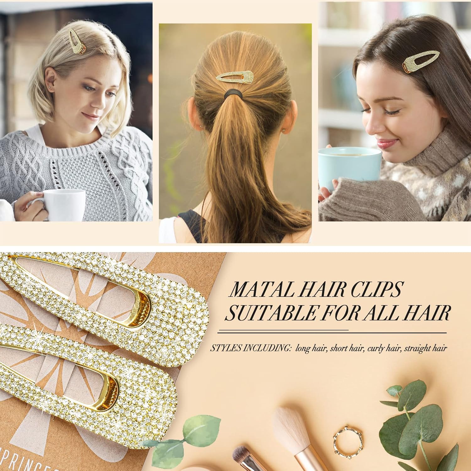 KANPRINCESS 2 pinzas para el cabello con diamantes de imitación de 2.4 pulgadas, pinzas doradas para el cabello, accesorios para el cabello de