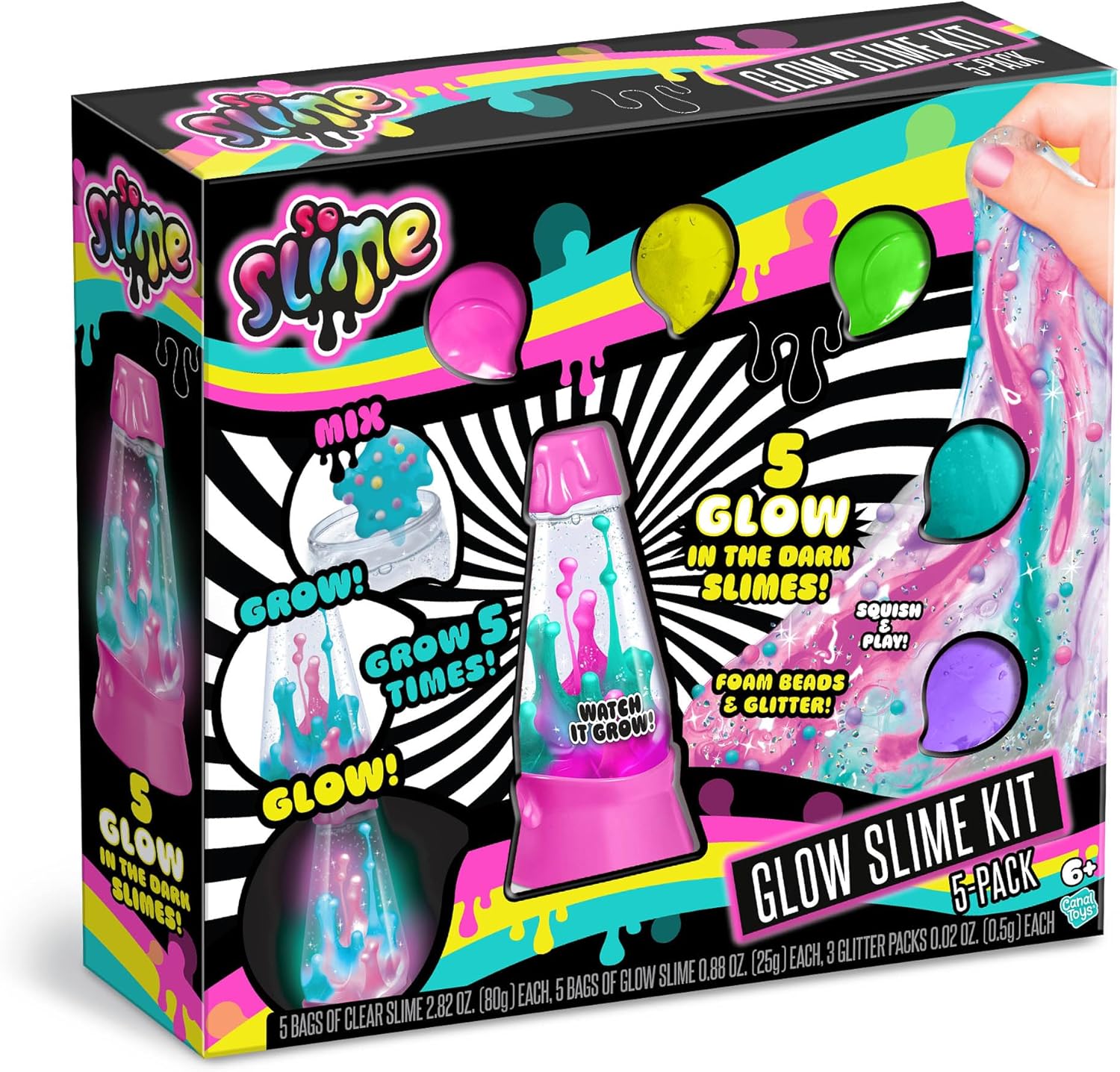 Canal Toys So Slime Glow Slime, paquete de 5, divertido kit de slime que brilla en la oscuridad con contenedor. Estirar, aplastar y jugar