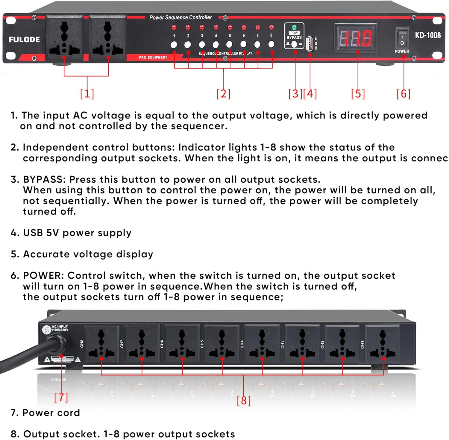 Acondicionador de energía de 10 salidas -8 Interruptor independiente Alimentación de rack, Acondicionador de energía para montaje en rack Regulador