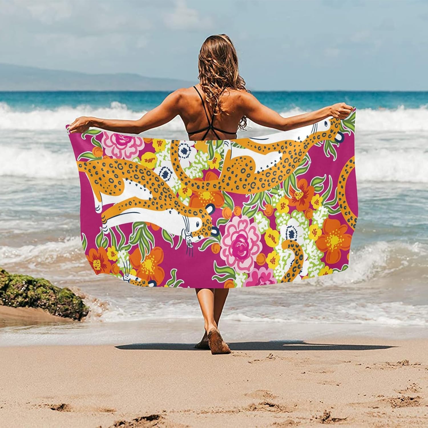 Toalla de playa fina de 30 x 60 pulgadas Chinoiserie Leopard y flores, toalla grande para mujeres, baño, viajes